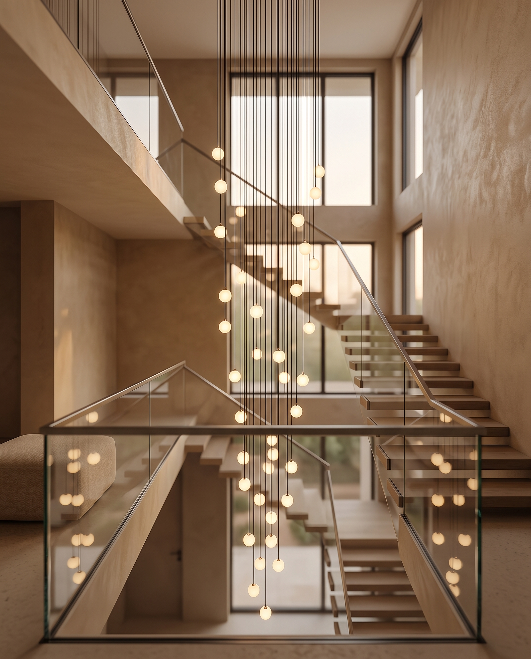 Modern Staircase LED Chandelier, Acrylic Spheres — placement and scale, full vertical drop across multiple floors