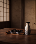 Handcrafted Ceramic Sake Set, Carafe and Cups — hero arrangement, dark wood zen interior, warm evening light