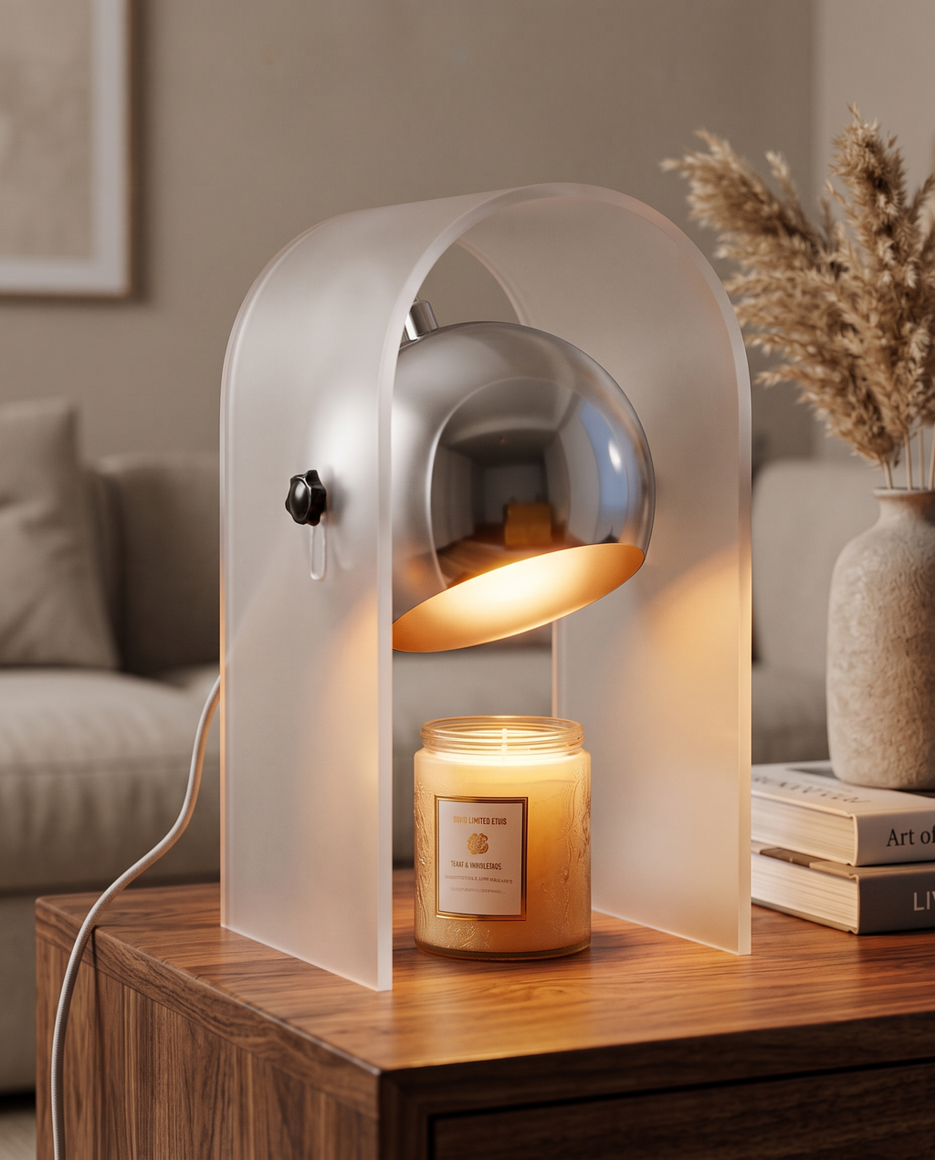 Frosted Glass Candle Warmer Lamp, Silver Finish — hero, walnut side table in a calm modern living room, soft warm ambient glow