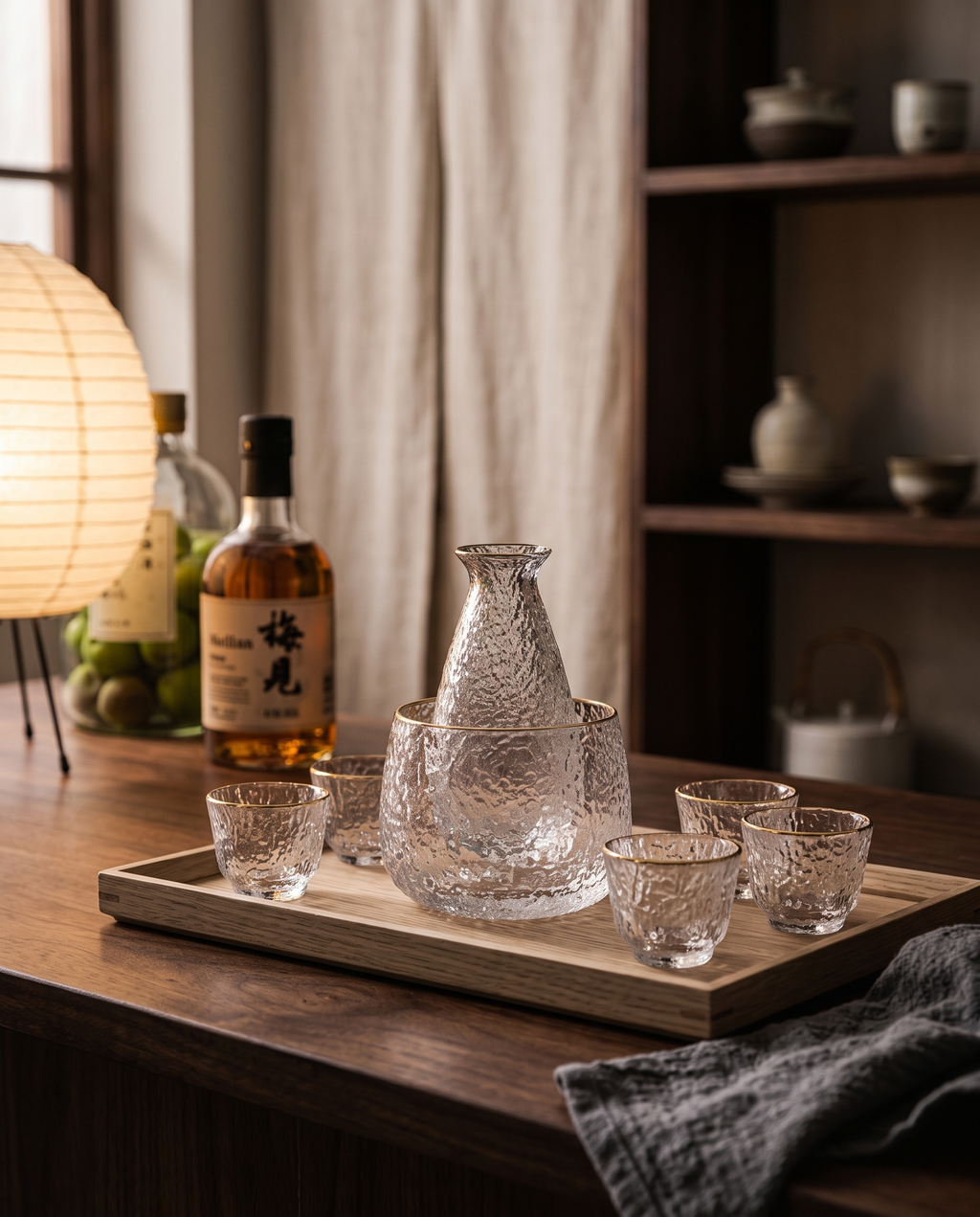 Glass Sake and Bar Serving Set, 6-Piece — evening pour mood, minimalist Japanese home bar, warm low light