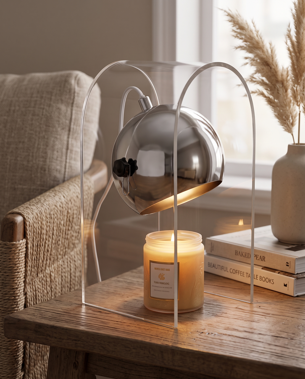 Frosted Glass Candle Warmer Lamp, Silver Finish — three-quarter alternate angle, modern living room side table, warm evening light