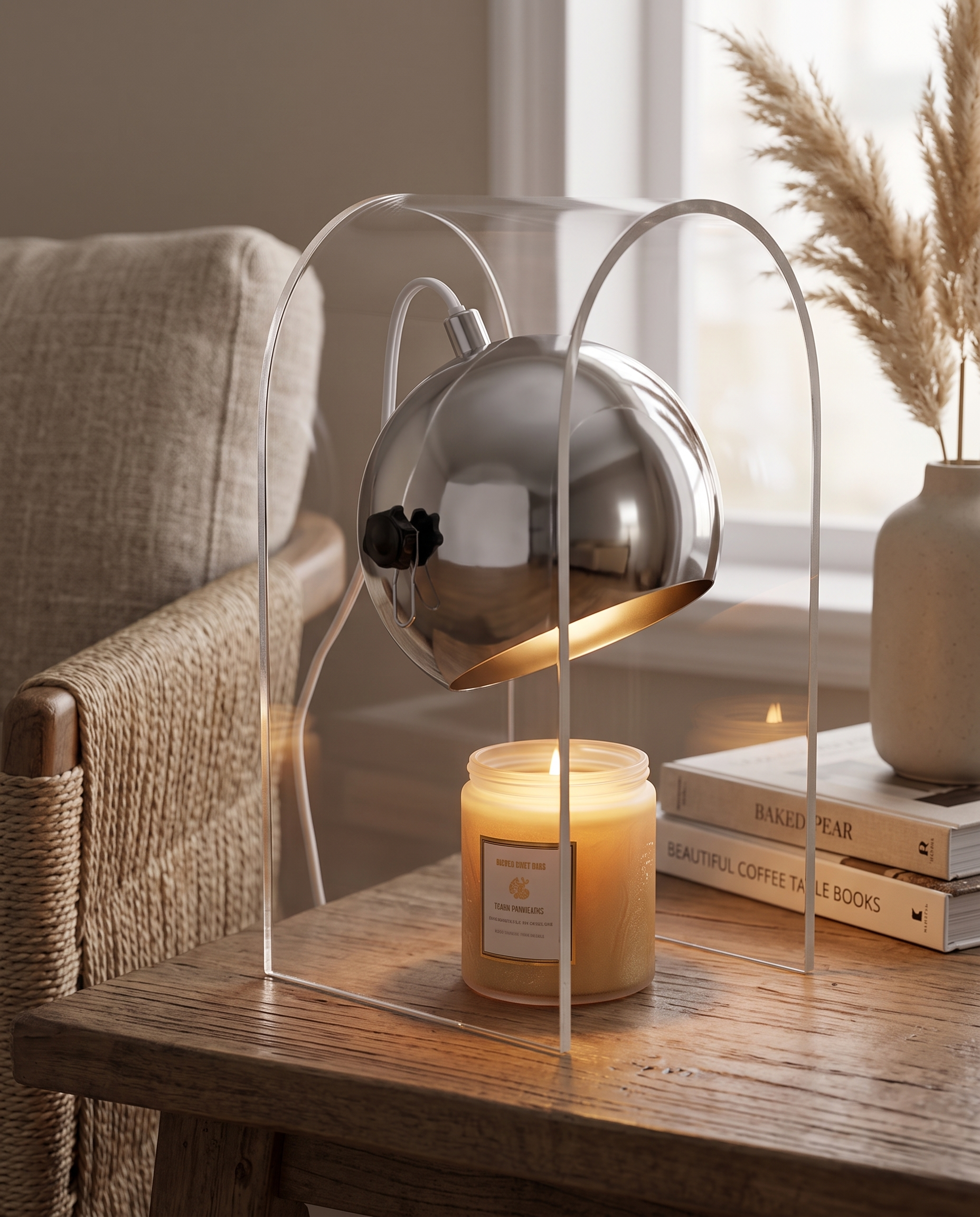 Frosted Glass Candle Warmer Lamp, Silver Finish — three-quarter alternate angle, modern living room side table, warm evening light