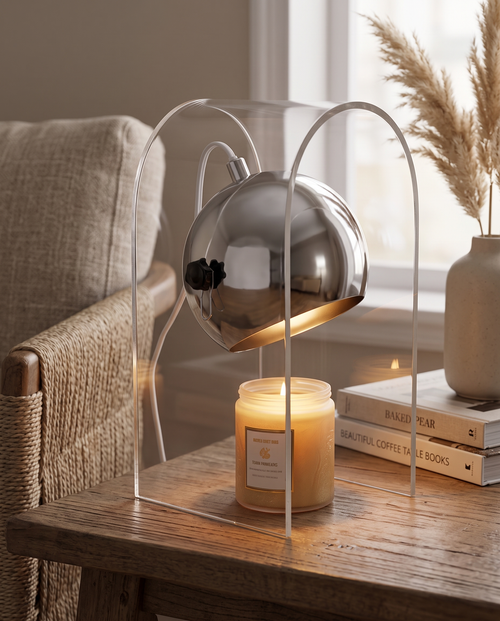 Frosted Glass Candle Warmer Lamp, Silver Finish — three-quarter alternate angle, modern living room side table, warm evening light