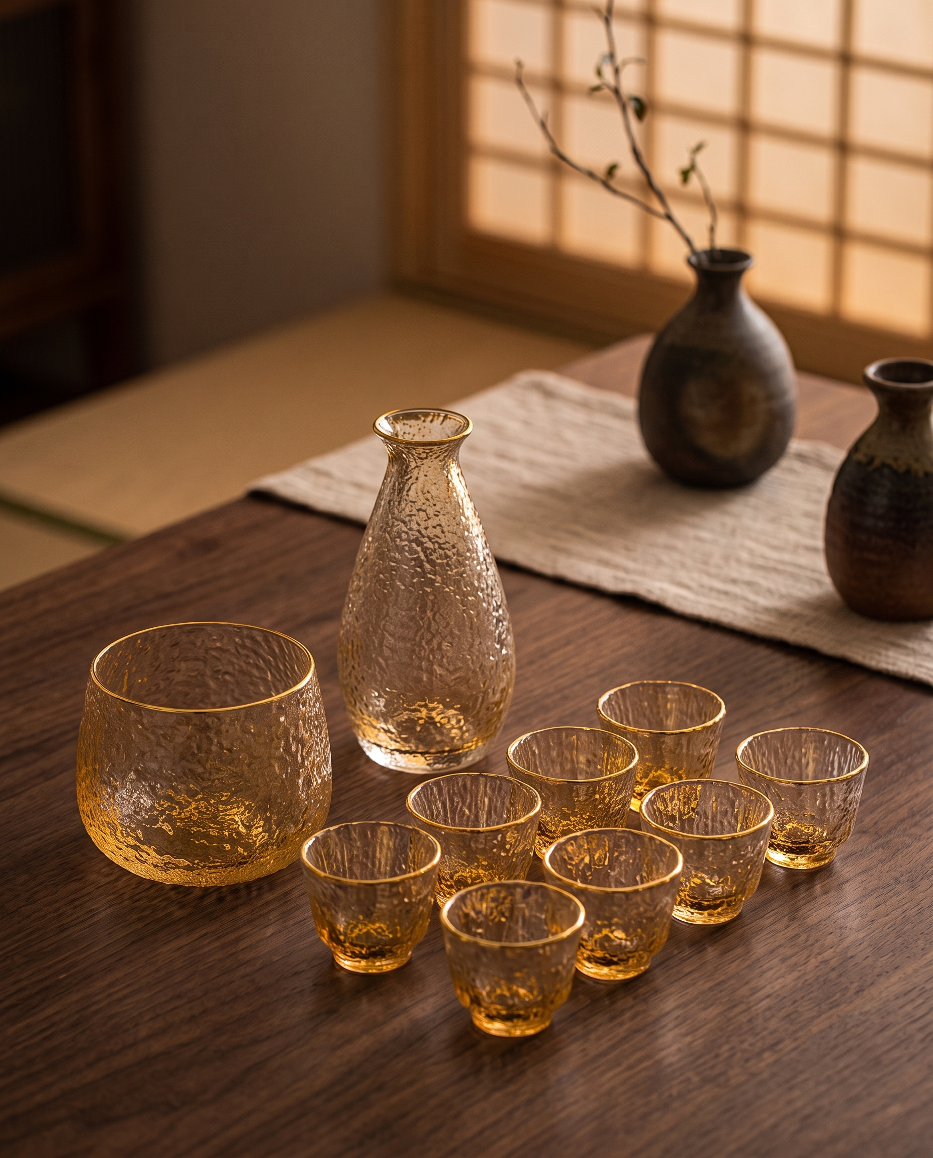 Glass Sake and Bar Serving Set, 6-Piece — full set laid out to show scale, carafe and matching glasses on dark wood