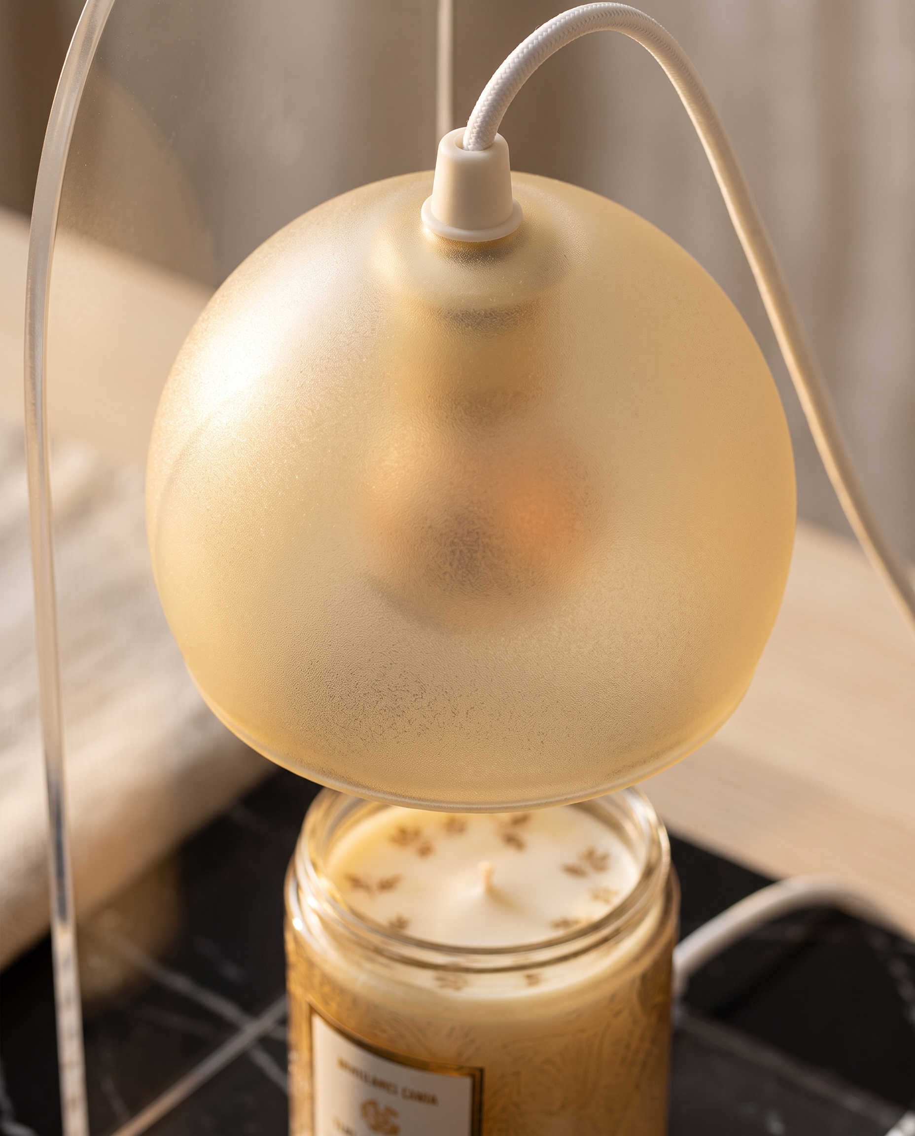 Frosted Glass Candle Warmer Lamp, Silver Finish — macro detail of textured frosted glass, warm side light