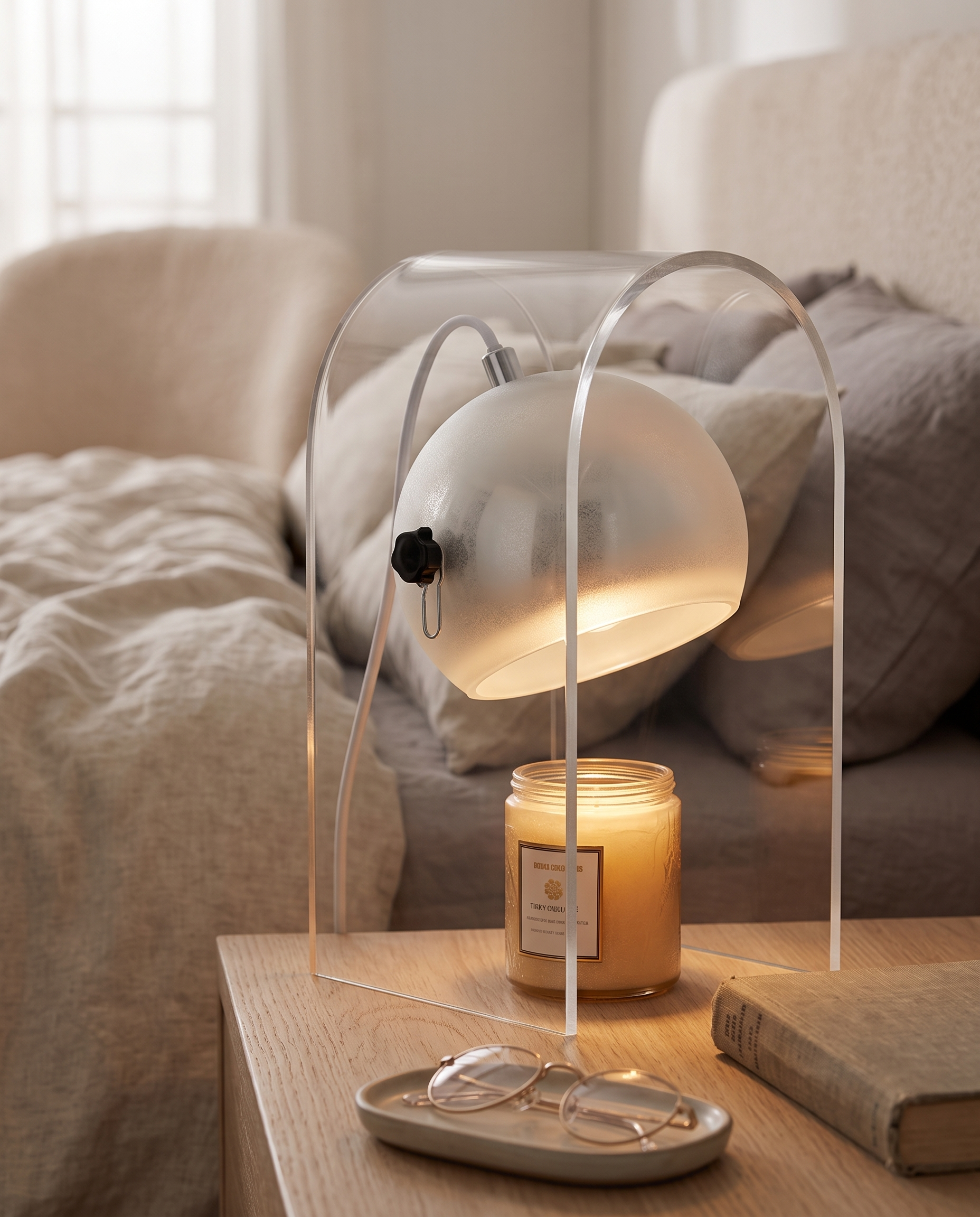 Frosted Glass Candle Warmer Lamp, Silver Finish — bedroom nightstand at evening, soft cozy warm glow
