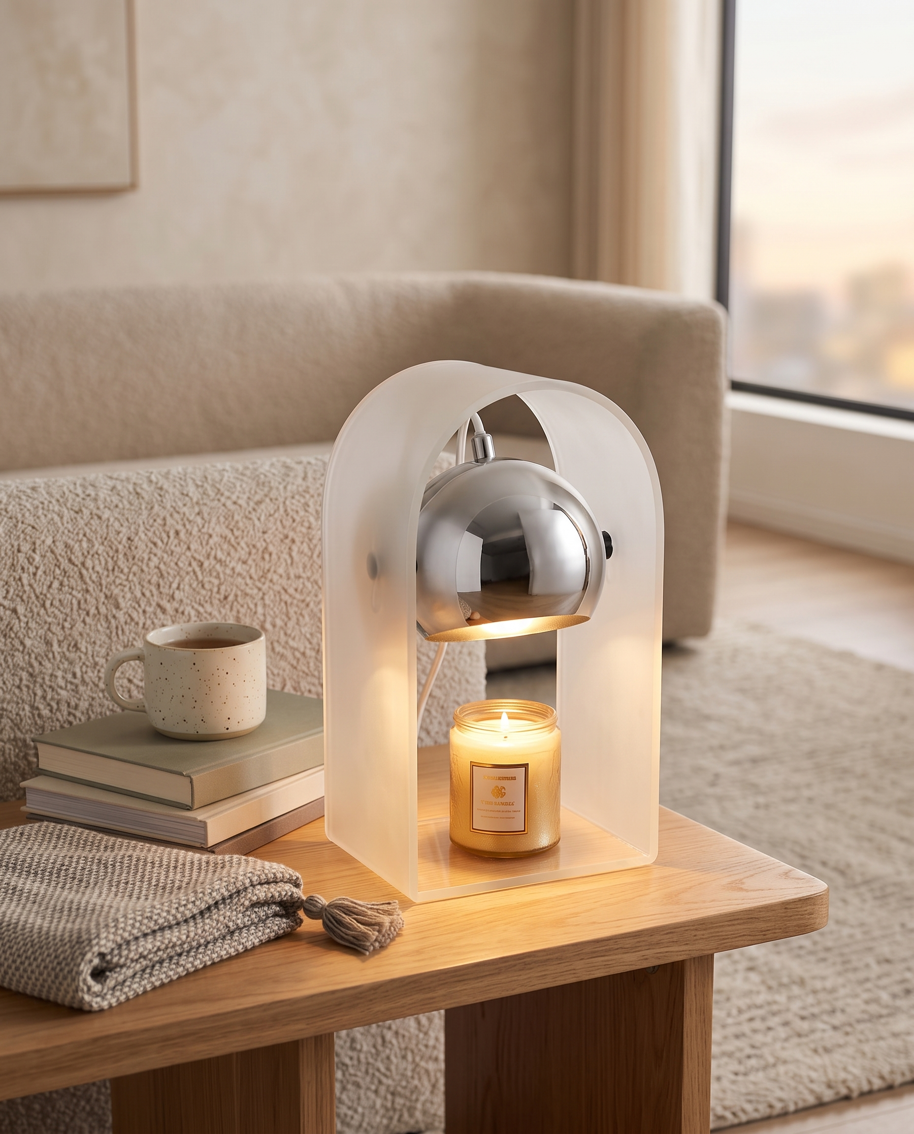 Frosted Glass Candle Warmer Lamp, Silver Finish — full lamp with books and mug for scale, modern living room side table