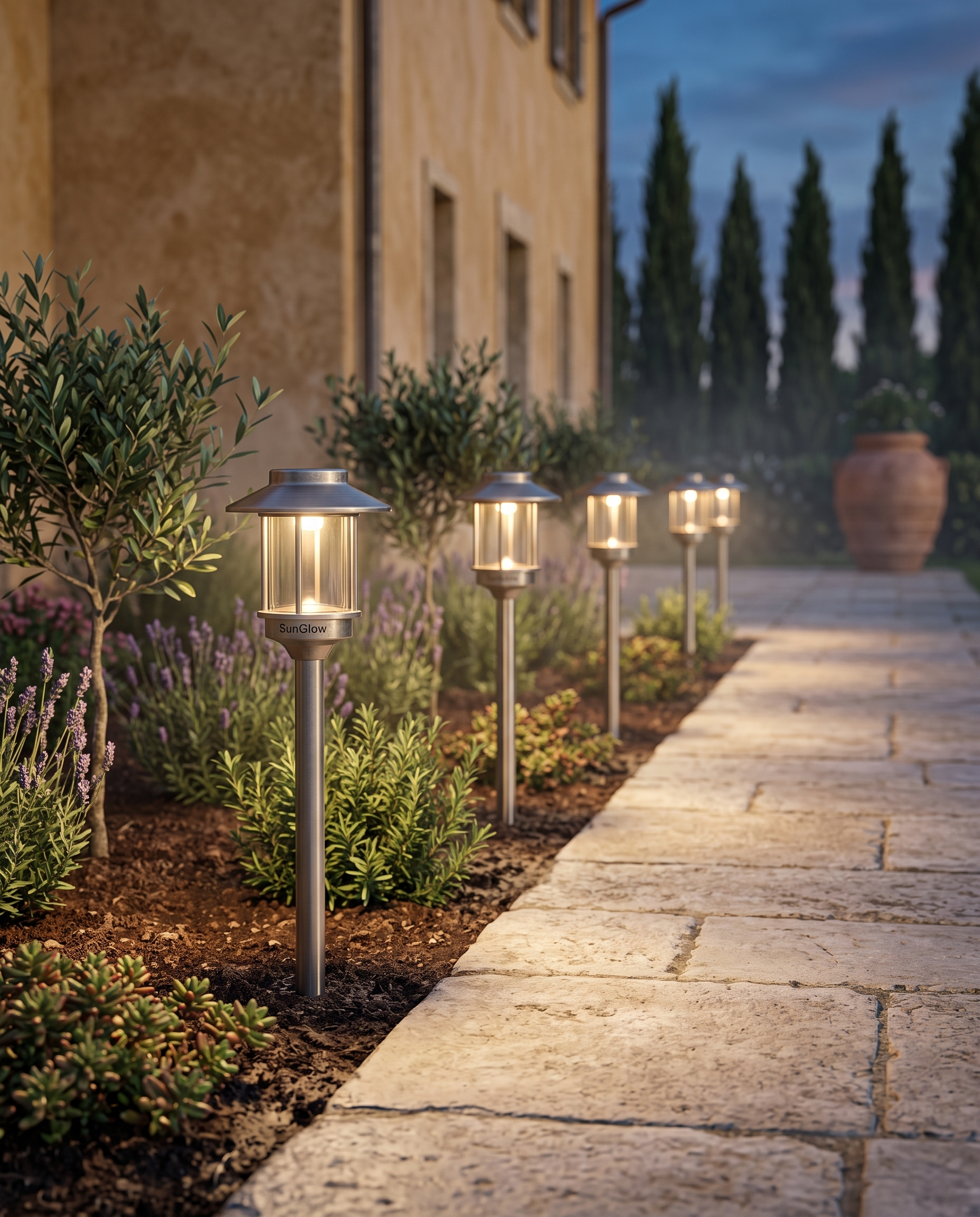 Solar Garden Path Lights, ABS Dusk-to-Dawn — path lights lining a garden walkway, luxury Mediterranean villa garden at warm dusk, subtle ground glow