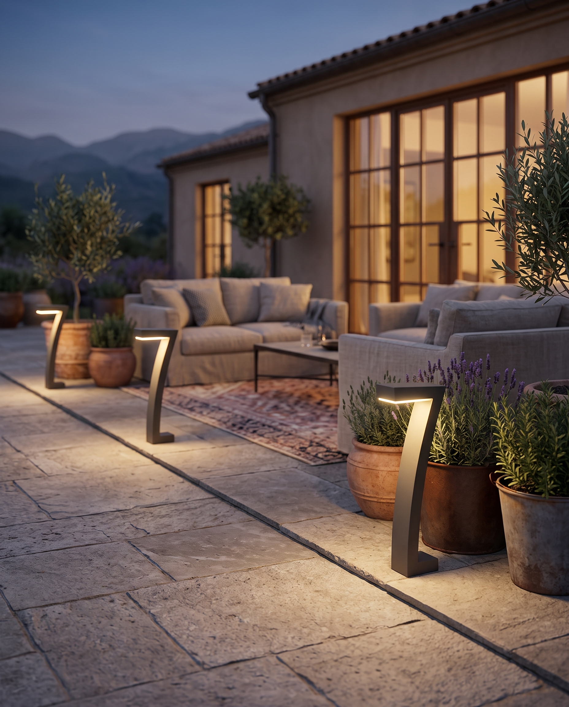 Solar Garden Path Lights, ABS Dusk-to-Dawn — lights along a villa patio terrace edge, stone seating area at warm dusk