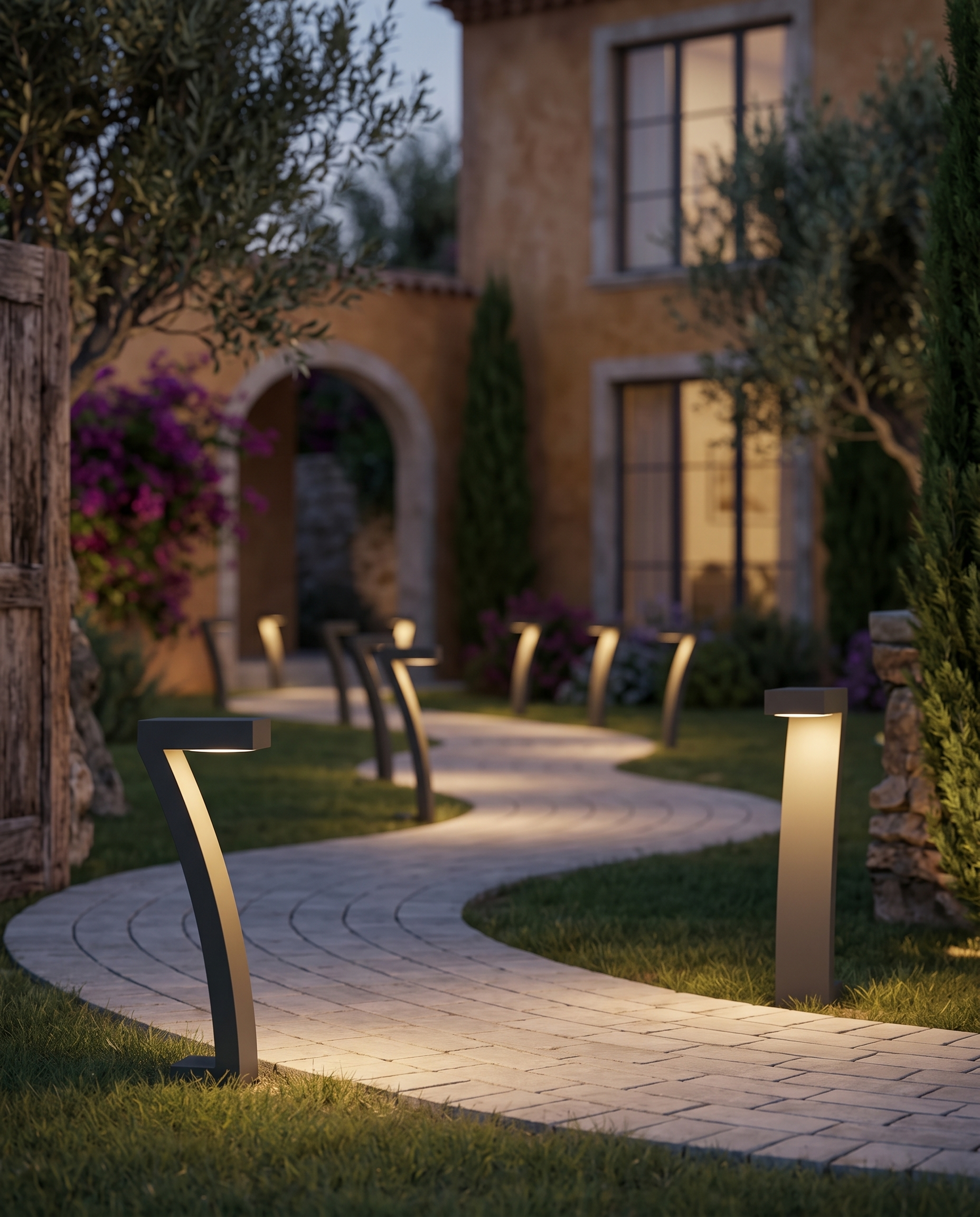 Solar Garden Path Lights, ABS Dusk-to-Dawn — several lights showing the multi-pack, curved garden path at Mediterranean villa at dusk