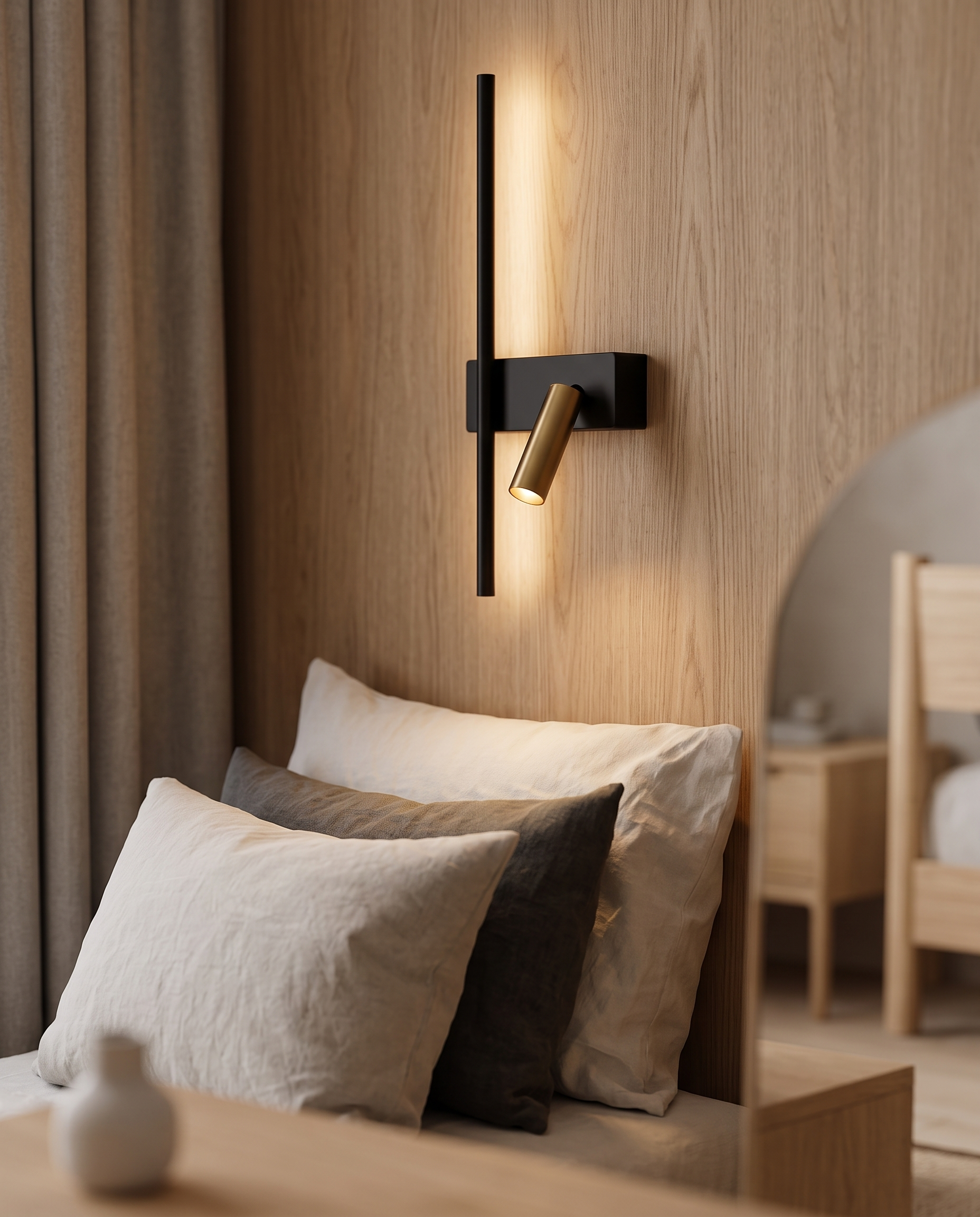 Minimalist Iron LED Wall Light, Nordic — hero mounted view, modern Nordic bedroom wall, soft realistic warm glow