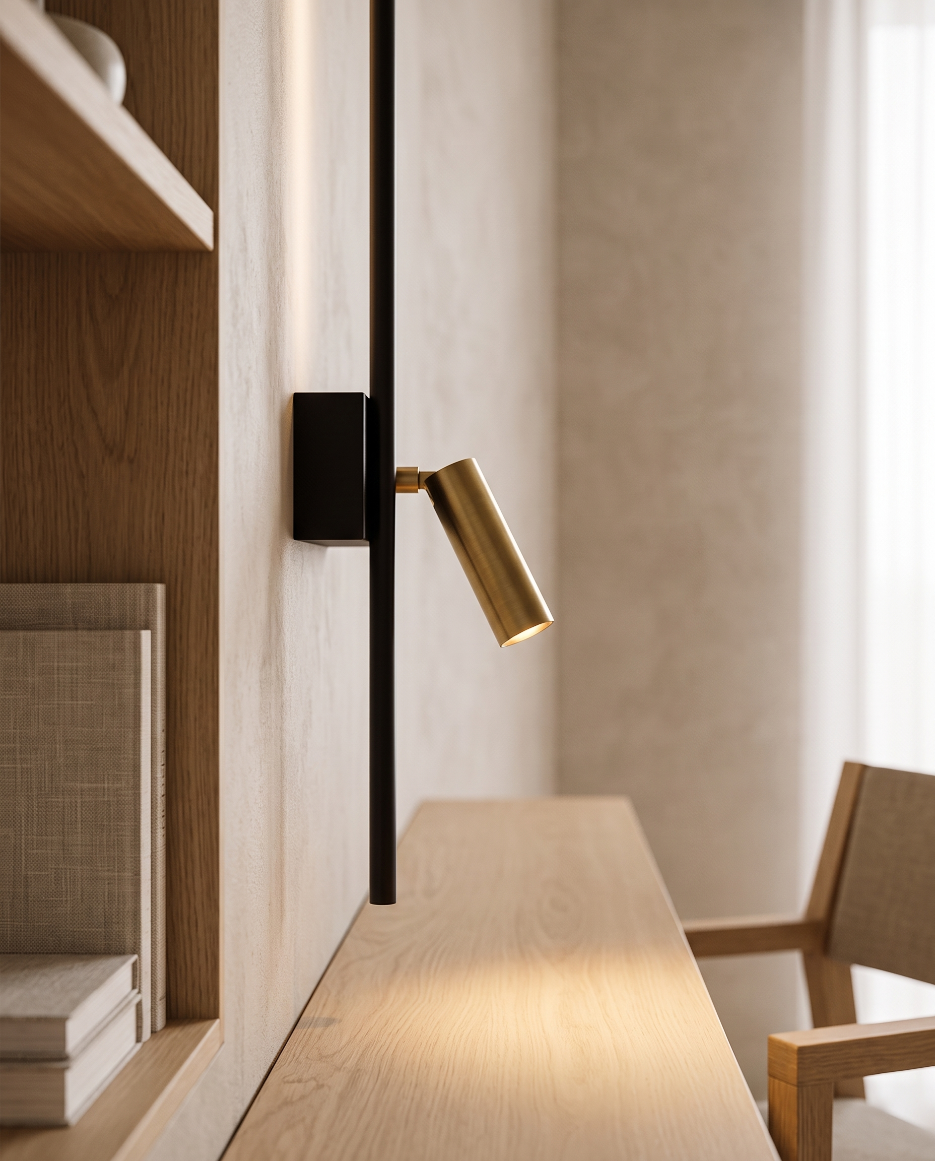 Minimalist Iron LED Wall Light, Nordic — side profile angle, study wall, slim iron form