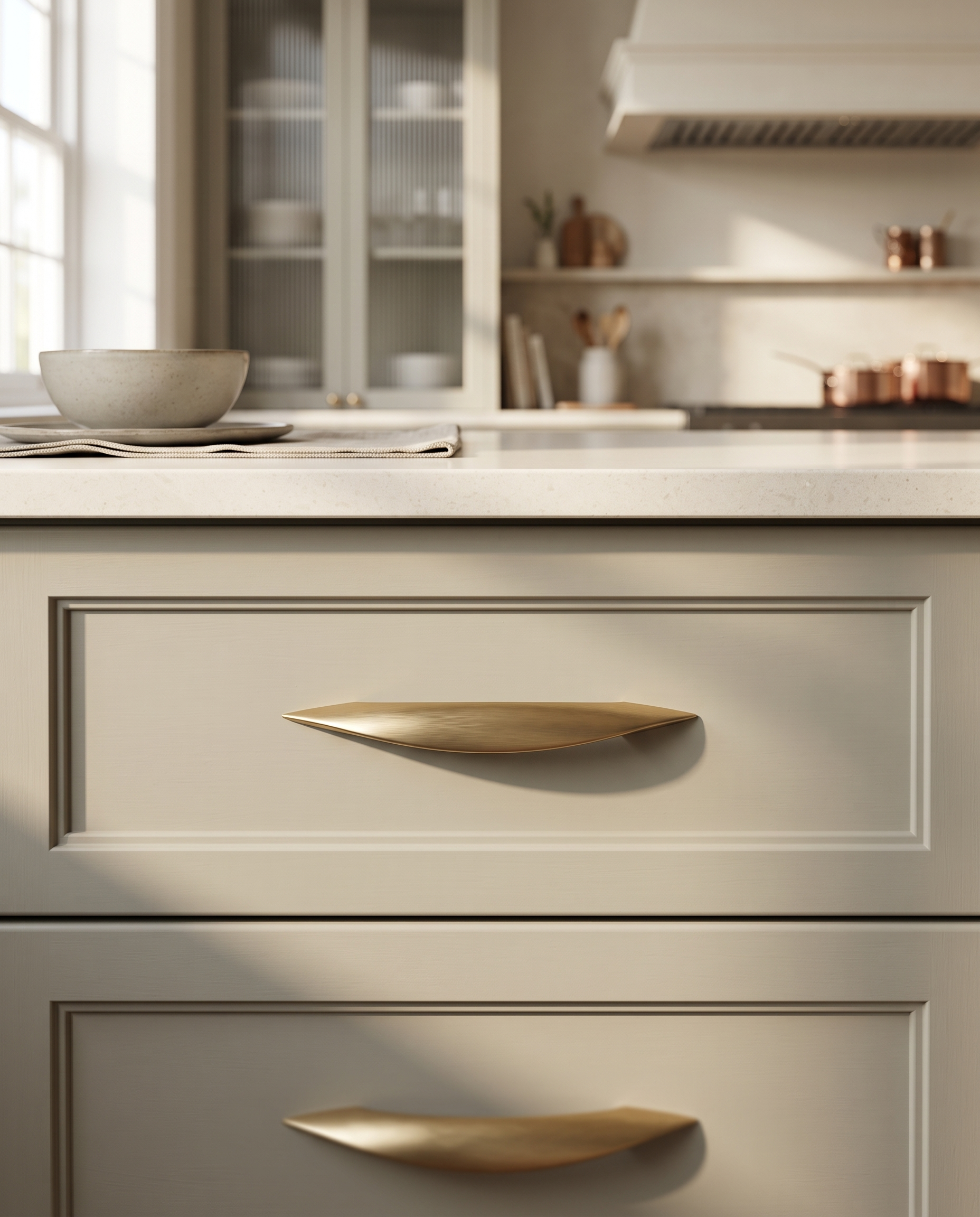 Brushed Brass Cabinet Pull, Antique Finish — hero, kitchen cabinet drawer, mounted in situ