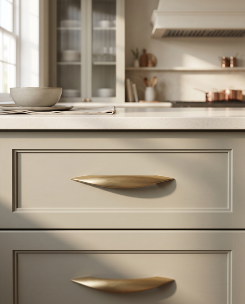 Brushed Brass Cabinet Pull, Antique Finish — hero, kitchen cabinet drawer, mounted in situ