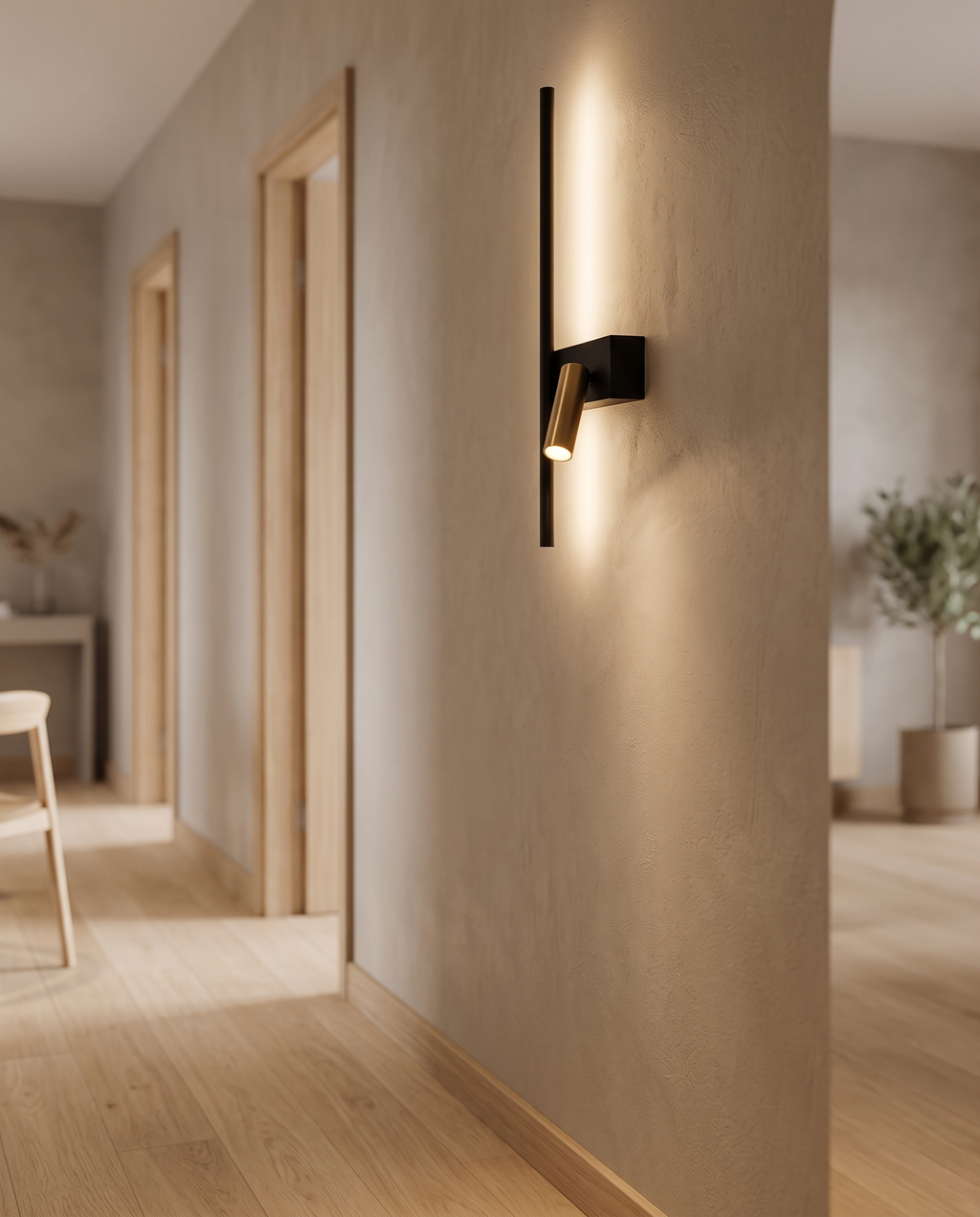 Minimalist Iron LED Wall Light, Nordic — mounted in a Nordic hallway, light oak floor, warm ambient glow