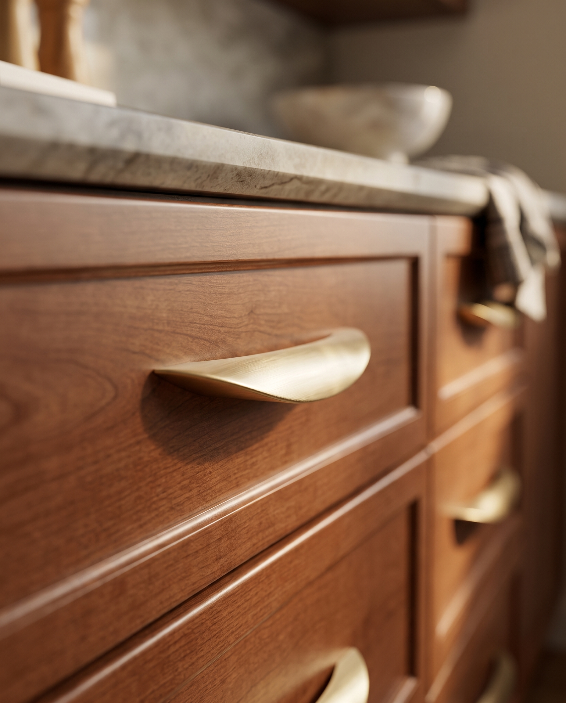 Brushed Brass Cabinet Pull, Antique Finish — low side angle, mounted on cabinetry, profile depth