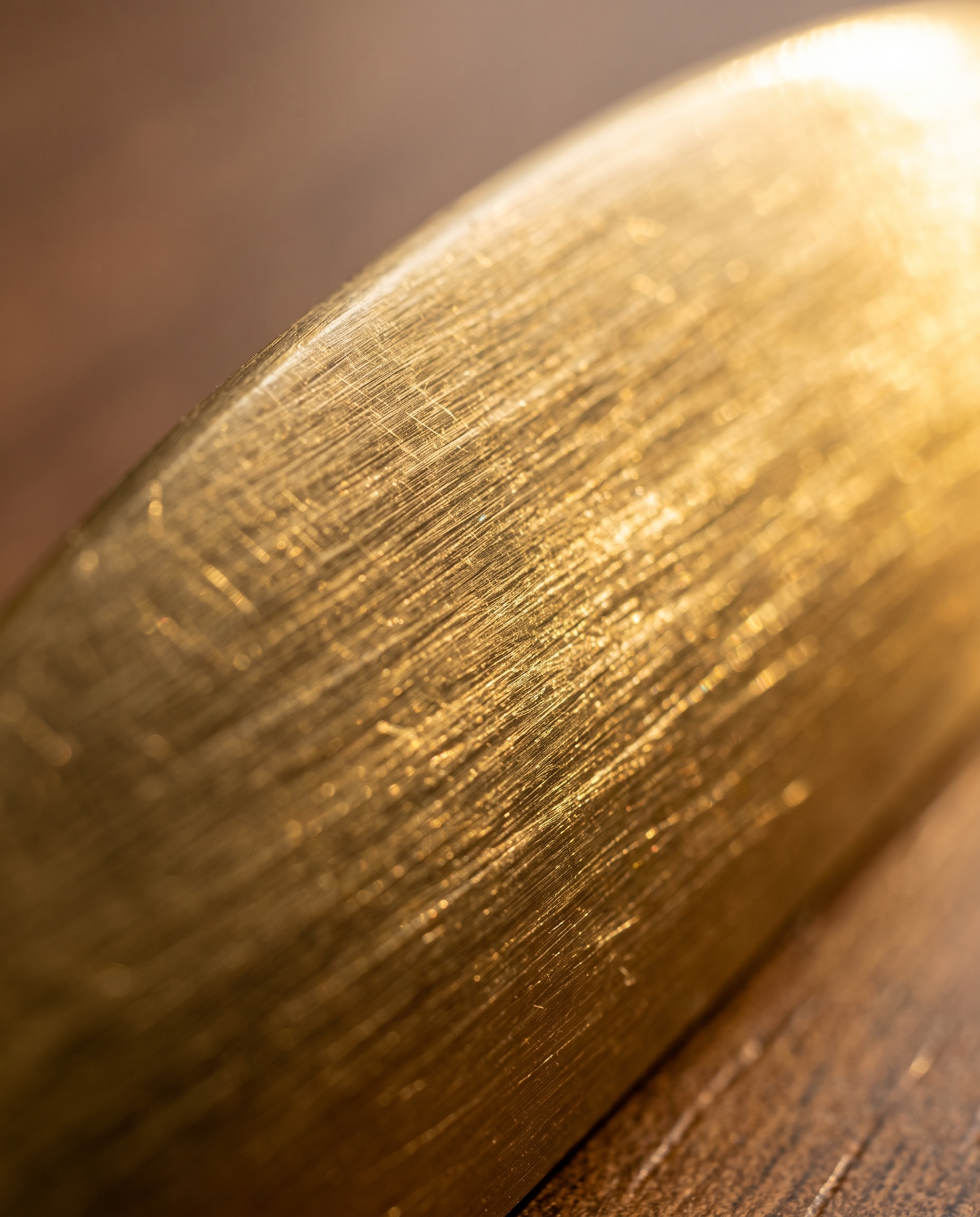 Brushed Brass Cabinet Pull, Antique Finish — macro detail, warm side light, brushed brass grain
