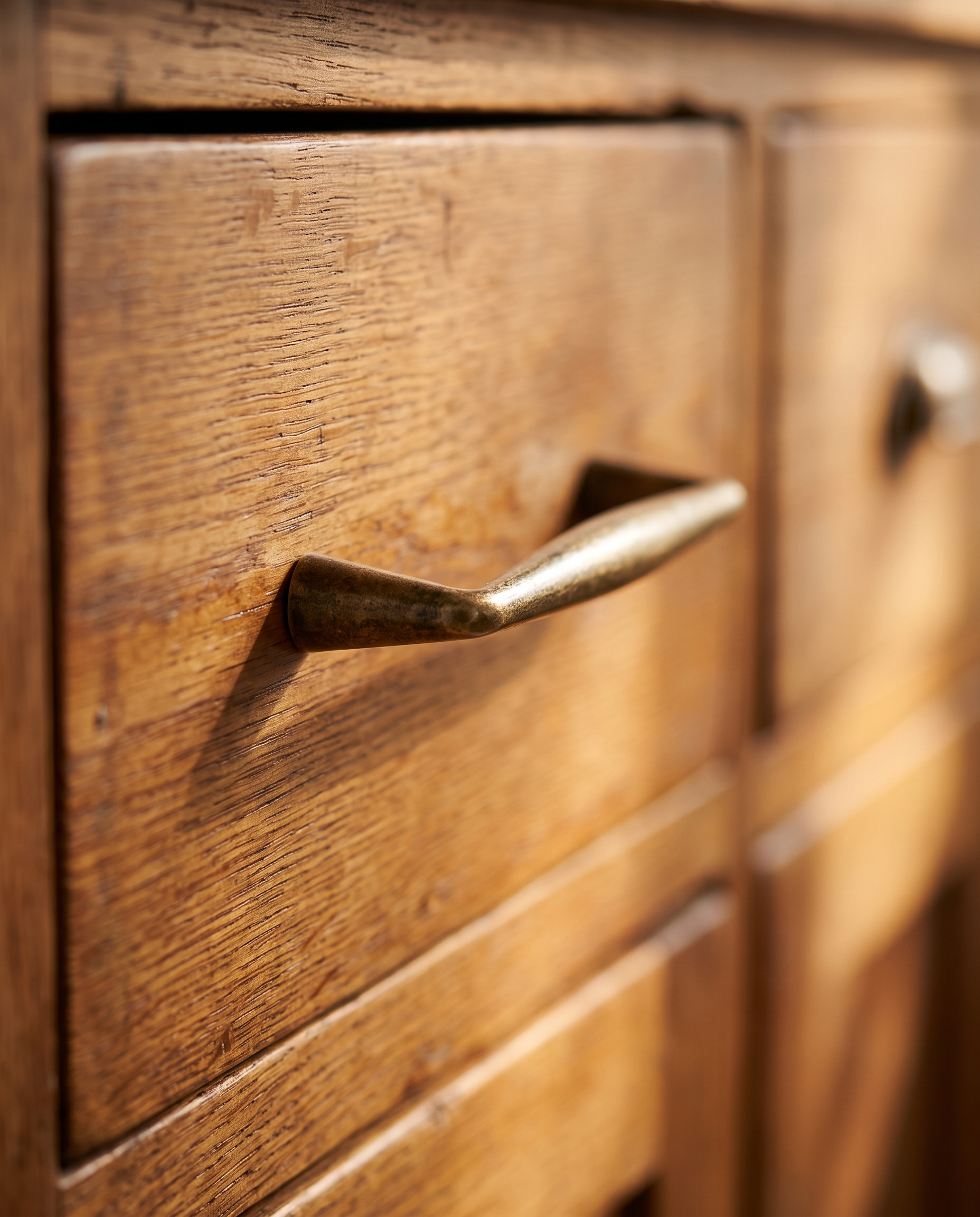 Antique Bronze Cabinet Handles and Knob, Zinc Alloy — low side angle of the mounted handle on an aged wood drawer in warm light