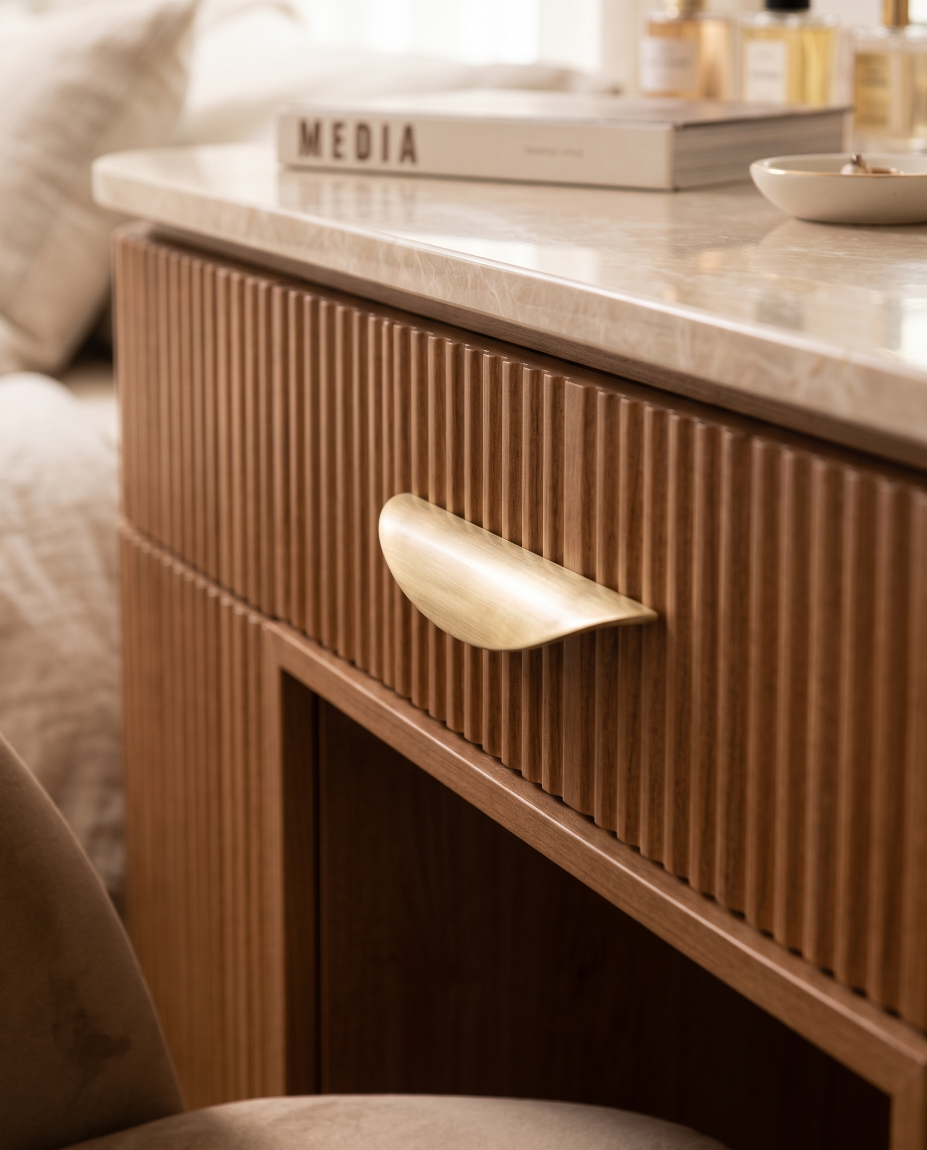 Brushed Brass Cabinet Pull, Antique Finish — vanity drawer, dressing area, refined finish