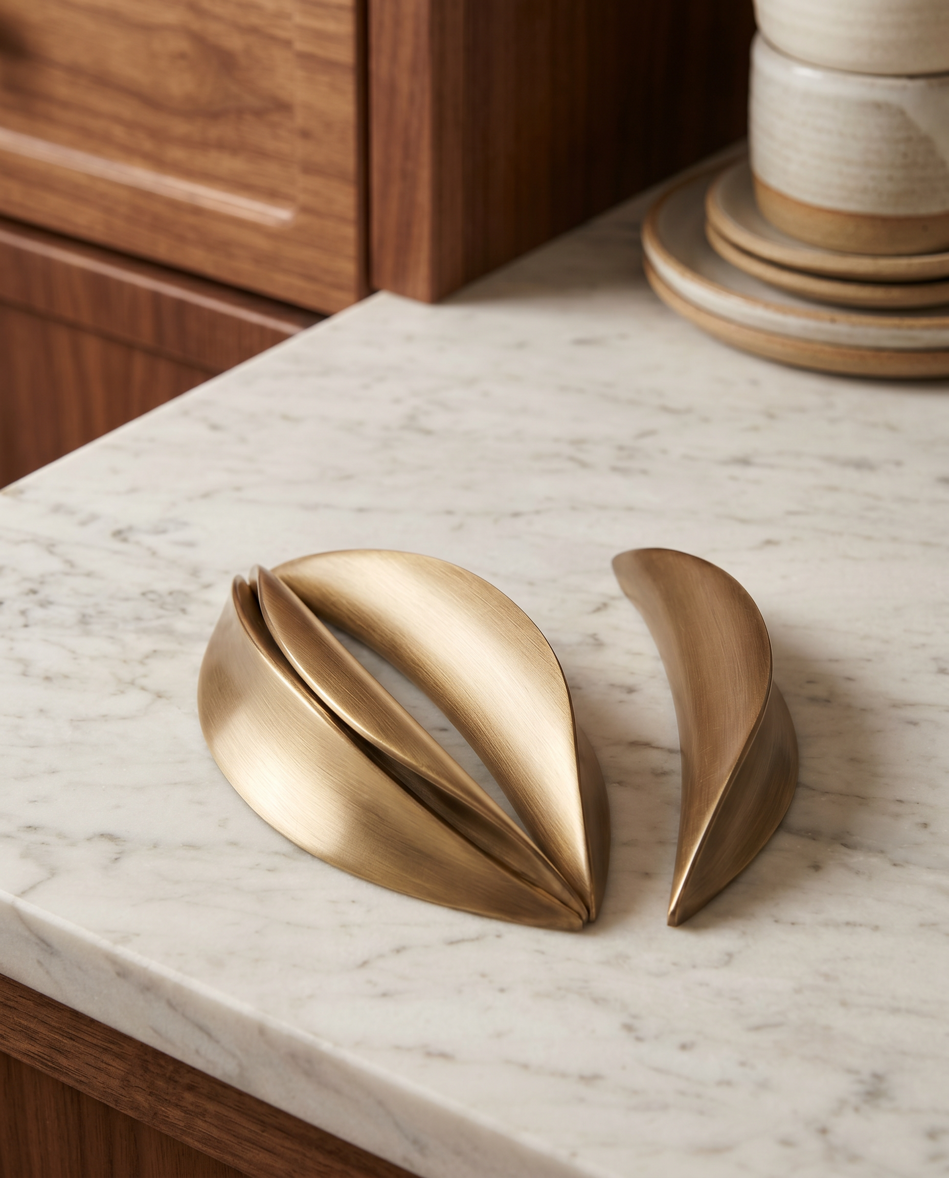 Brushed Brass Cabinet Pull, Antique Finish — set of three, marble surface, scale and finish