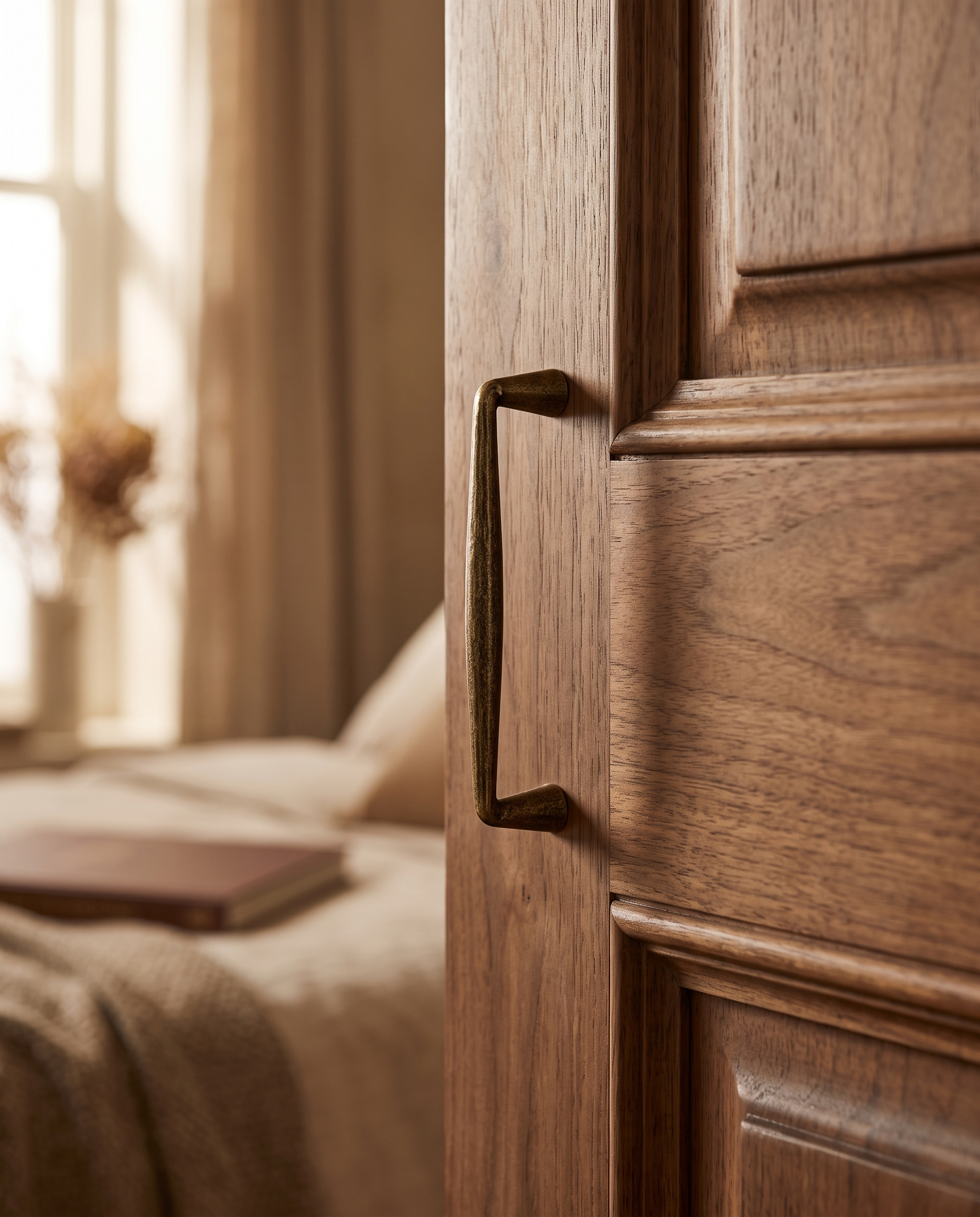 Antique Bronze Cabinet Handles and Knob, Zinc Alloy — mounted on a vintage sideboard door in warm walnut tones