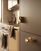 Solid Brass Cabinet Handles and Knobs, Minimalist — minimalist brass handles installed, minimalist kitchen cabinetry, warm natural light hero