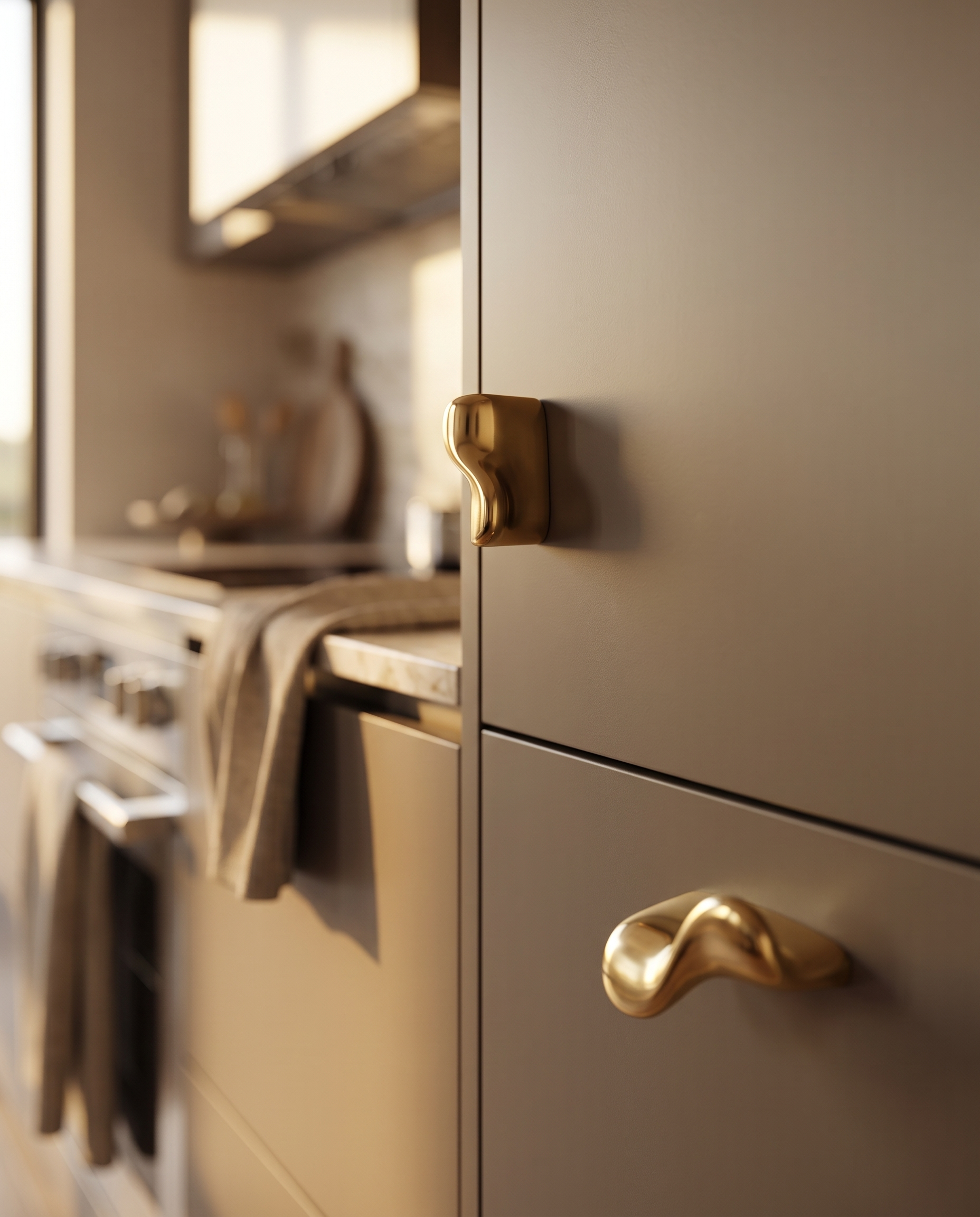 Solid Brass Cabinet Handles and Knobs, Minimalist — minimalist brass handles installed, minimalist kitchen cabinetry, warm natural light hero