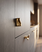 Solid Brass Cabinet Handles and Knobs, Minimalist — mounted brass handle, kitchen cabinetry, low side angle
