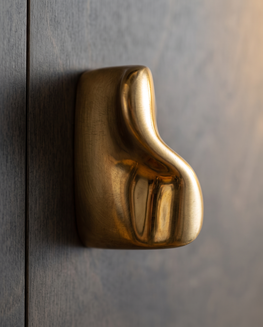 Solid Brass Cabinet Handles and Knobs, Minimalist — brass finish, macro close-up, warm side light