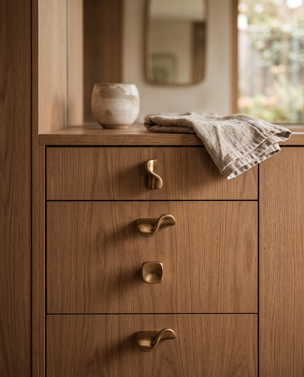 Solid Brass Cabinet Handles and Knobs, Minimalist — brass hardware on vanity, minimalist bathroom, warm natural light