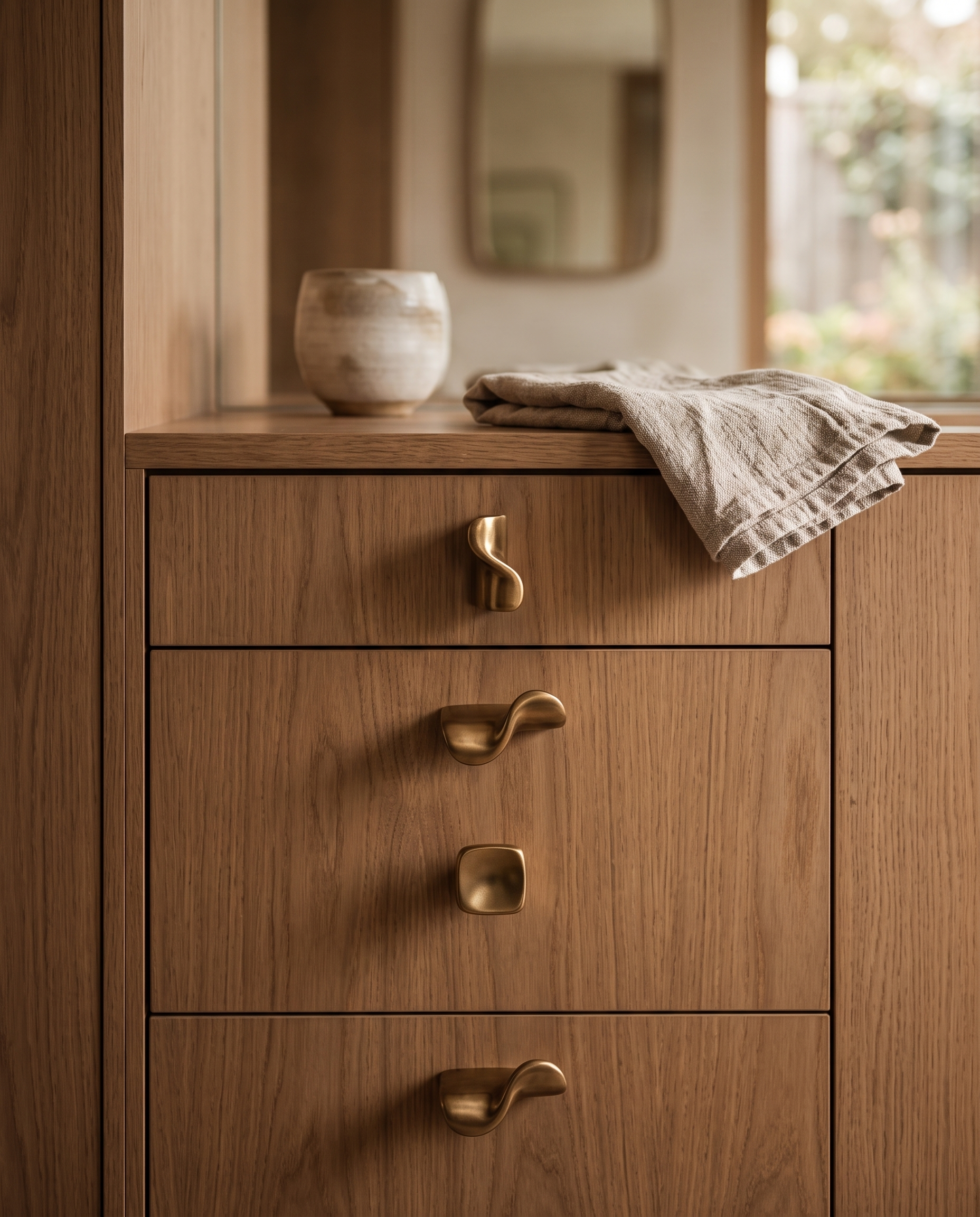 Solid Brass Cabinet Handles and Knobs, Minimalist — brass hardware on vanity, minimalist bathroom, warm natural light