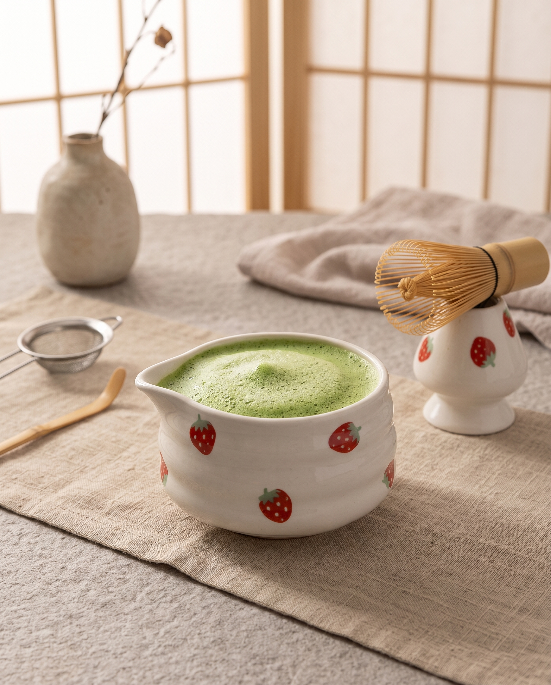 Strawberry Motif Matcha Tea Set, Ceramic and Bamboo — whisked green matcha in pink bowl, linen runner, serene tea corner mood