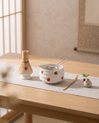Strawberry Motif Matcha Tea Set, Ceramic and Bamboo — full set laid out, pink ceramic bowl and bamboo whisk on pale oak, minimal zen kitchen