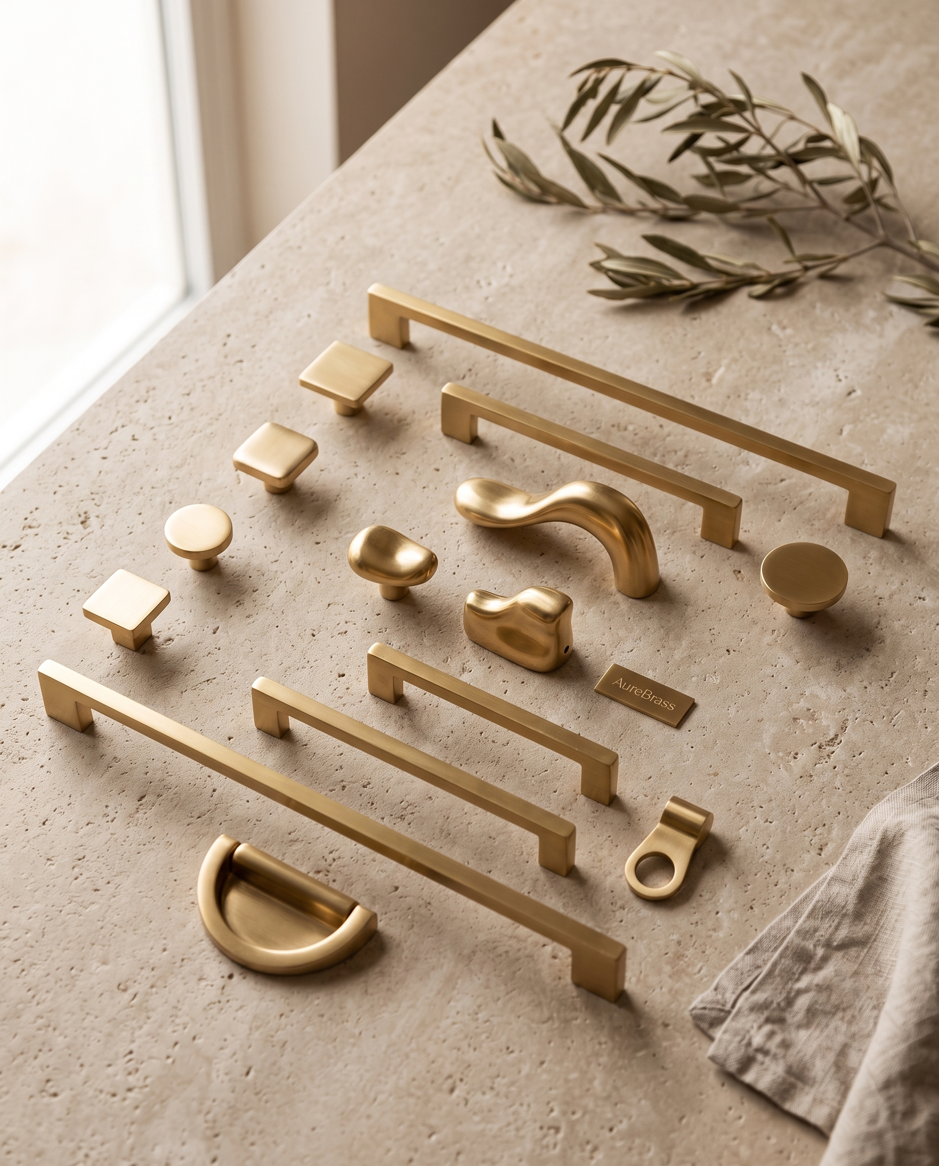 Solid Brass Cabinet Handles and Knobs, Minimalist — full range of handles and knobs, flat-lay on stone, scale set