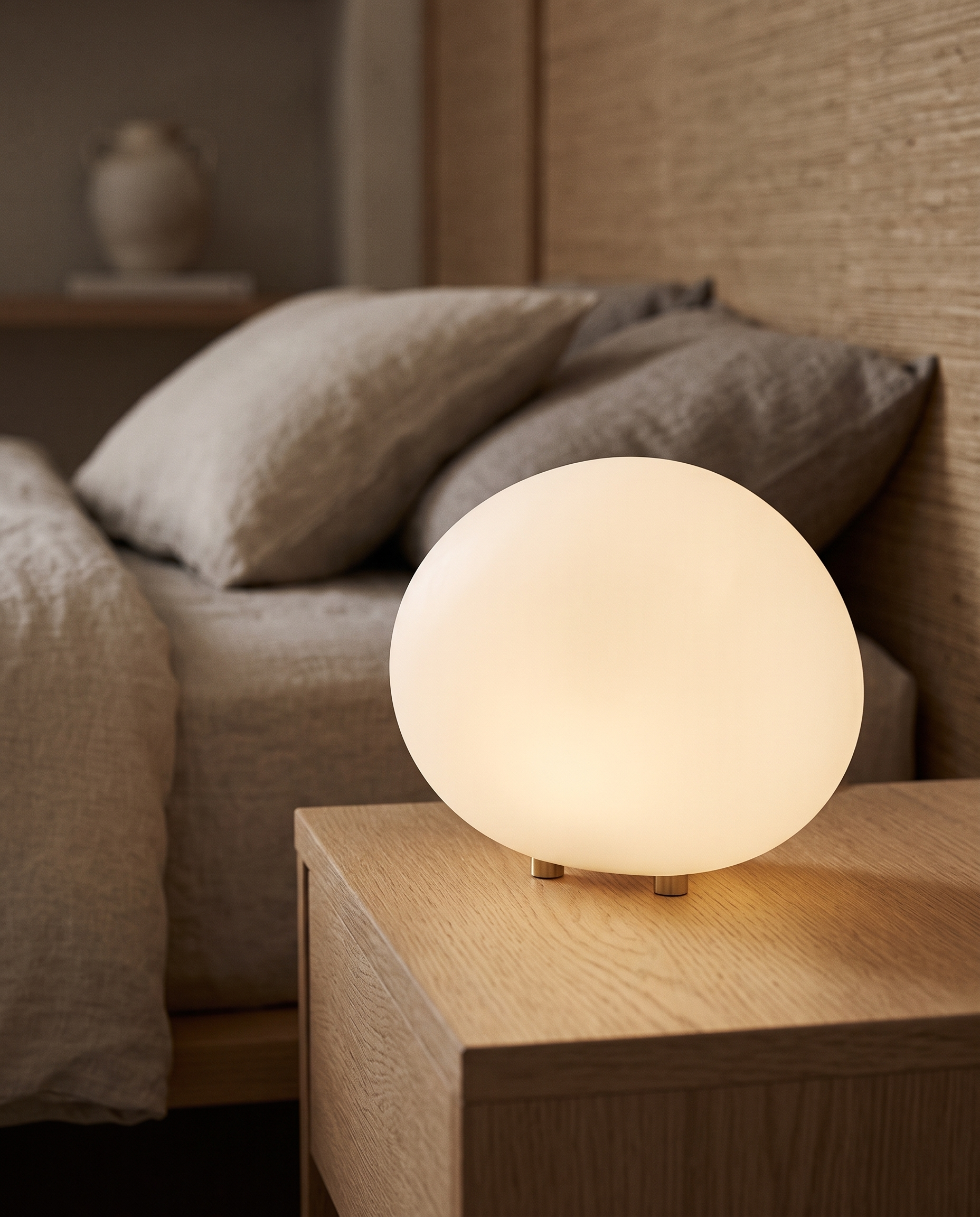 Pebble-Shaped LED Bedside Night Light — alt angle on light oak nightstand, smooth rounded silhouette