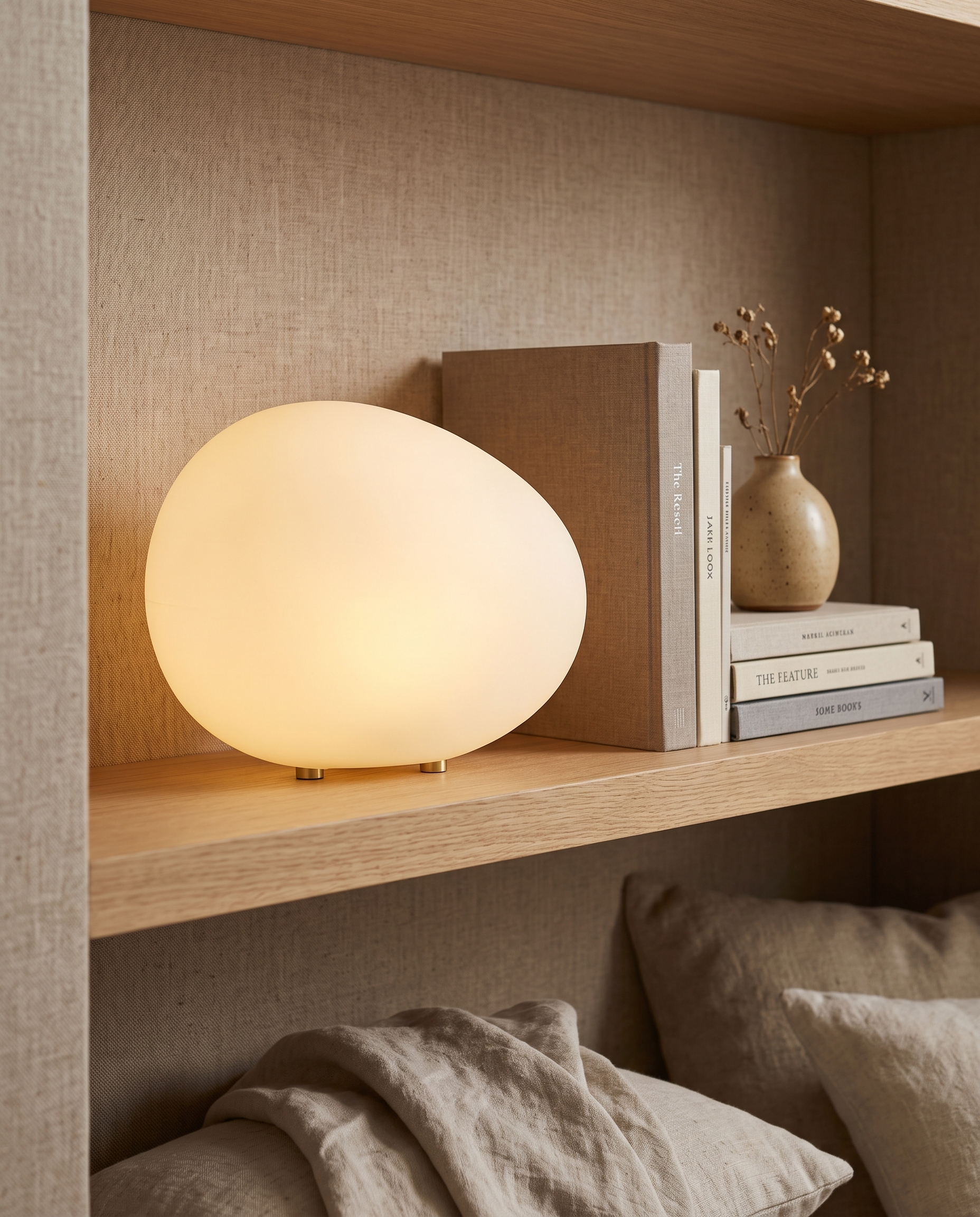 Pebble-Shaped LED Bedside Night Light — on a Japandi reading nook shelf with books and ceramic vase