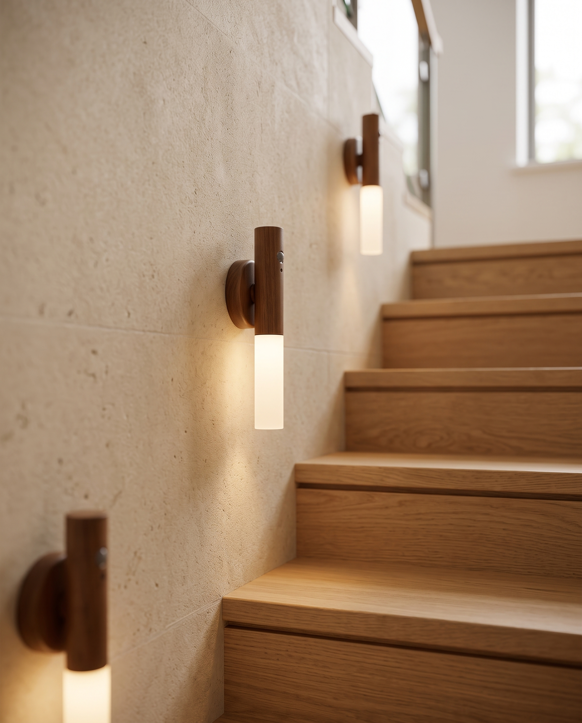 Magnetic Motion Sensor LED Night Light, Rechargeable — placement along a staircase wall in a modern home