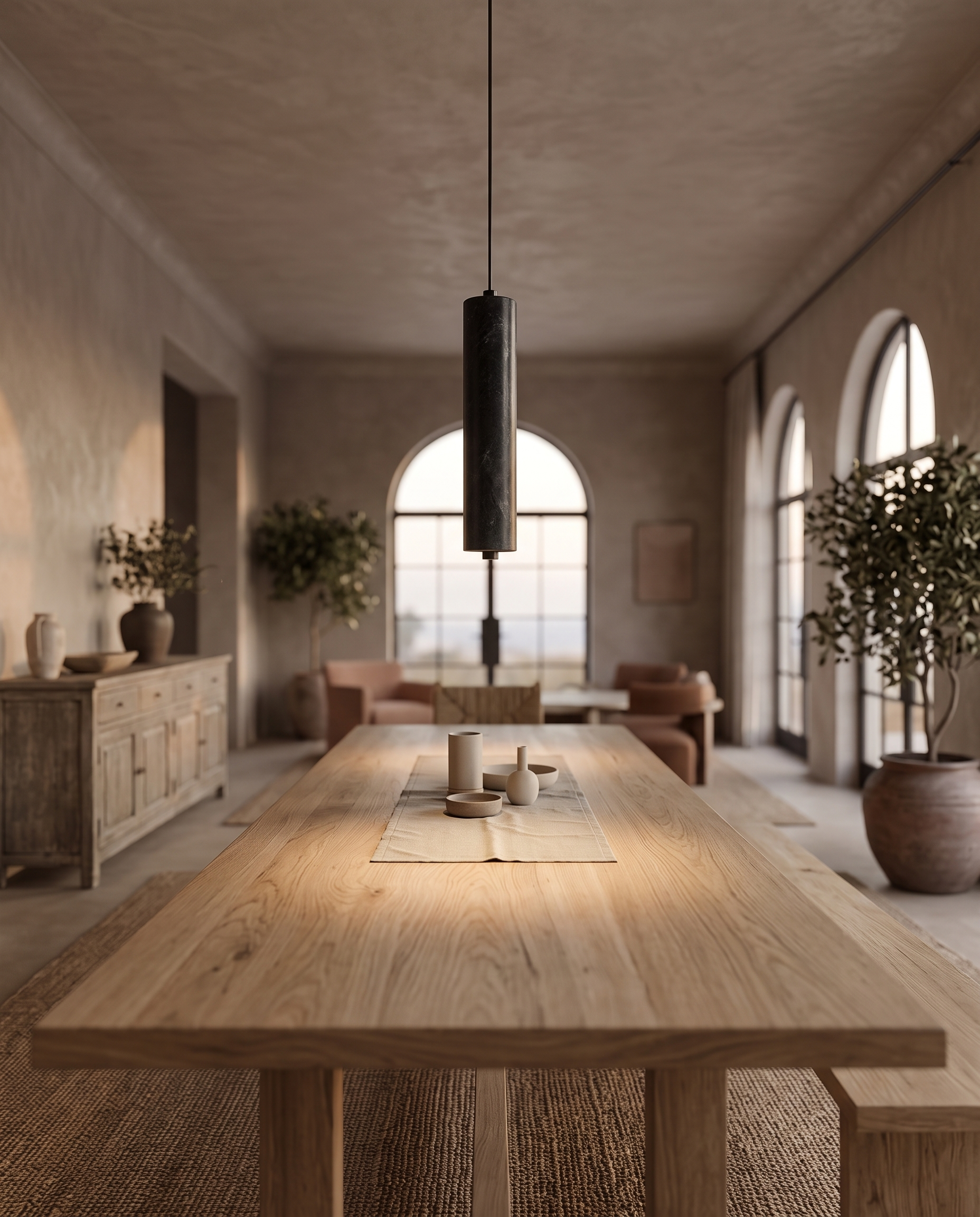 Black Stone Cylinder Pendant Light, Natural Stone — wide placement and scale view in a Mediterranean-modern dining room
