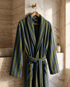 Blue and Green Striped Jacquard Cotton Robe — hero on a wooden hanger, luxury spa bathroom, heavy natural folds