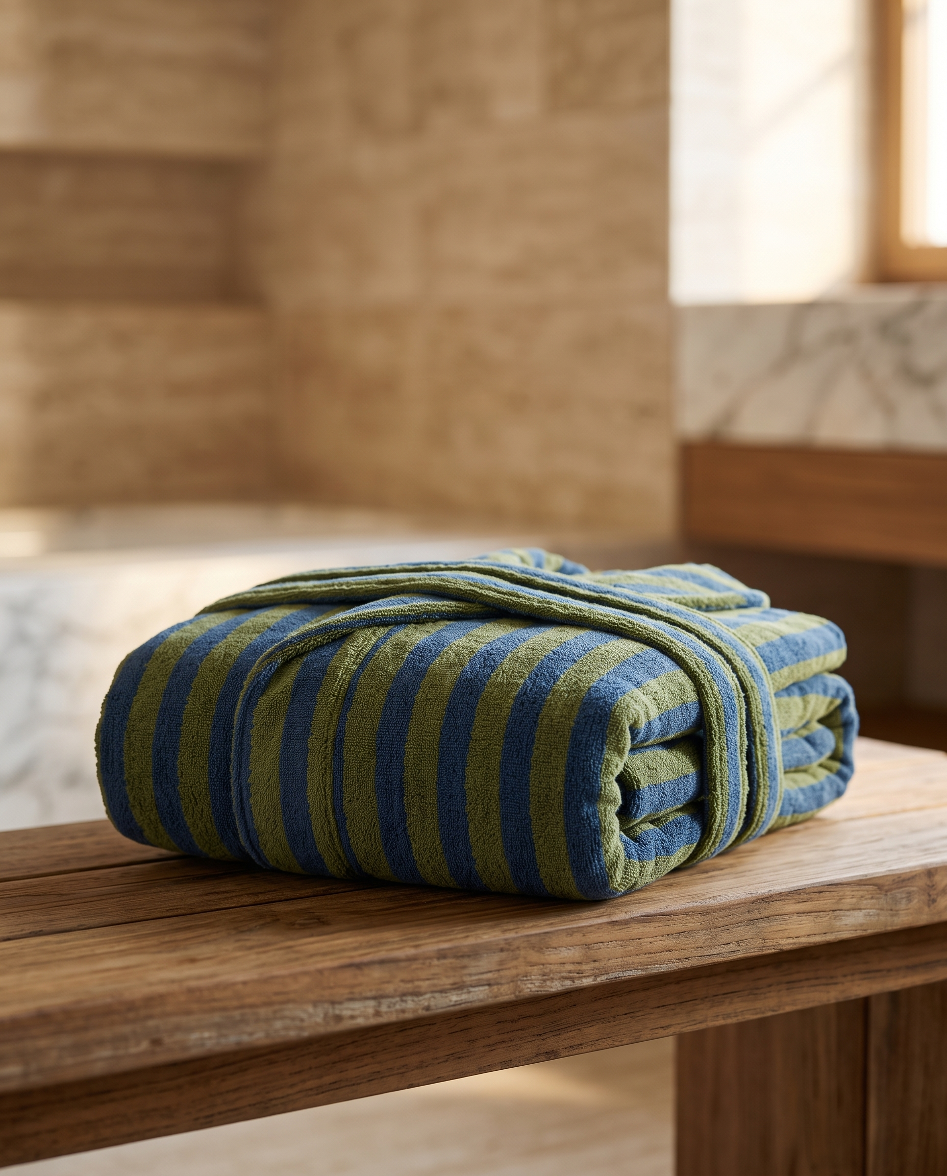 Blue and Green Striped Jacquard Cotton Robe — folded neatly on a teak spa bench, marble surfaces, crisp fold edges