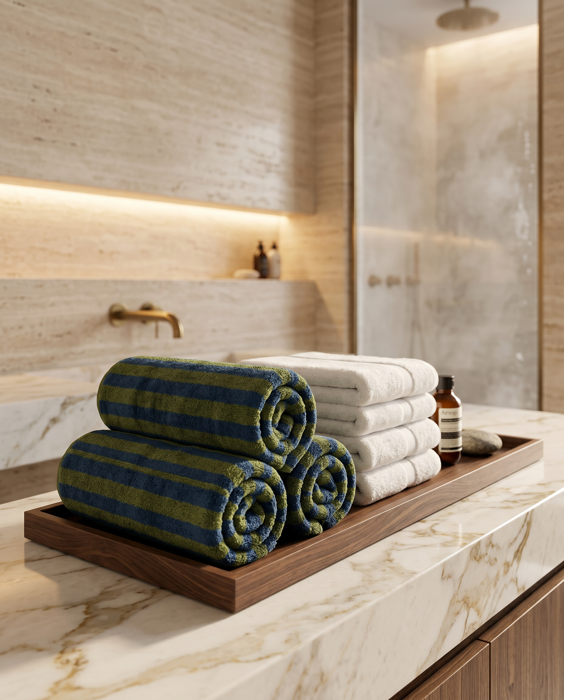 Blue and Green Striped Jacquard Cotton Robe — rolled spa display on a tray with towels, firm rounded rolls