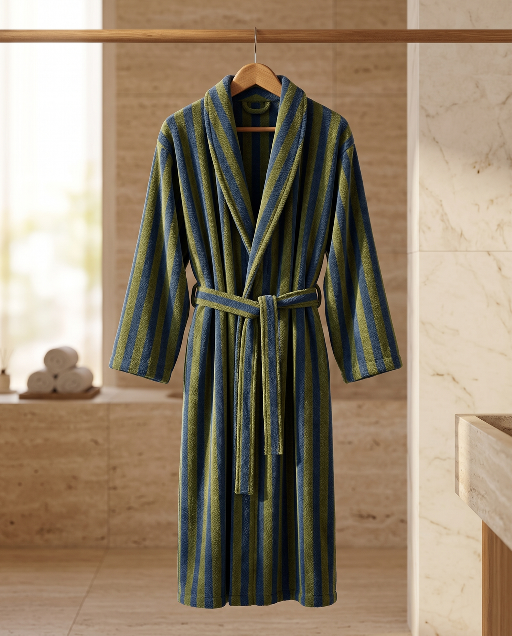 Blue and Green Striped Jacquard Cotton Robe — full-length on a wooden hanger from a rail, full cut belt and length