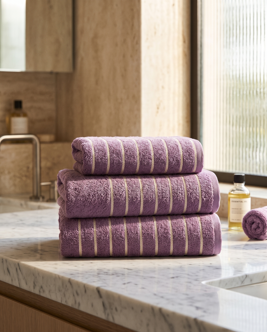 Lavender Striped Combed Cotton Towel Set — neatly folded stack, luxury spa marble counter, lavender and cream stripes on cotton weave