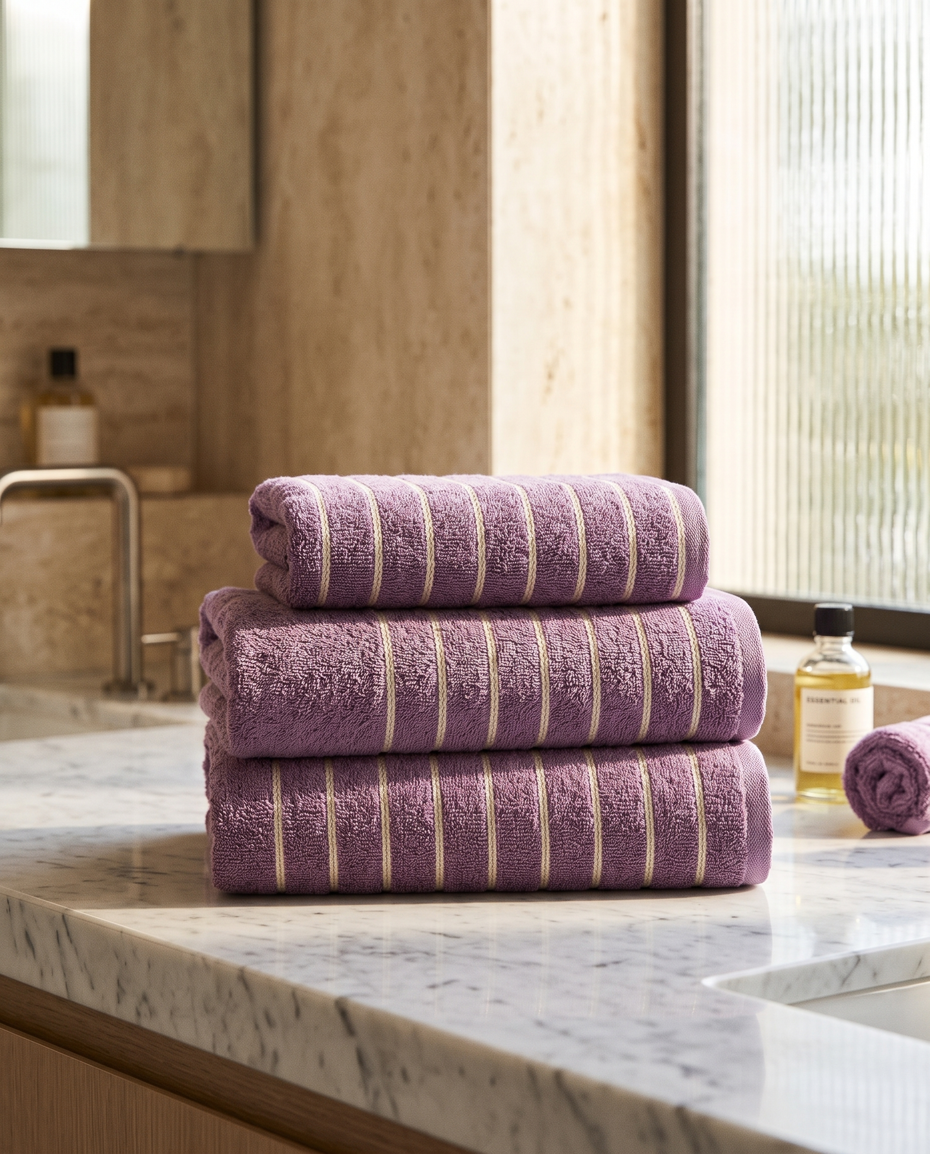 Lavender Striped Combed Cotton Towel Set — neatly folded stack, luxury spa marble counter, lavender and cream stripes on cotton weave