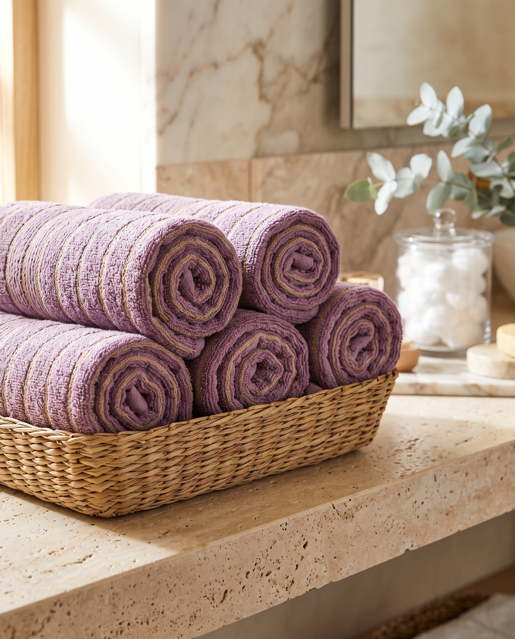 Lavender Striped Combed Cotton Towel Set — rolled spa display in a woven basket, travertine bathroom shelf, spiraled stripe ends