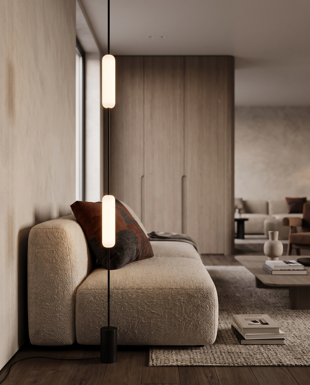 Linear LED Floor-to-Ceiling Lamp, Dimmable — hero standing beside sofa, modern luxury living room, glowing softly