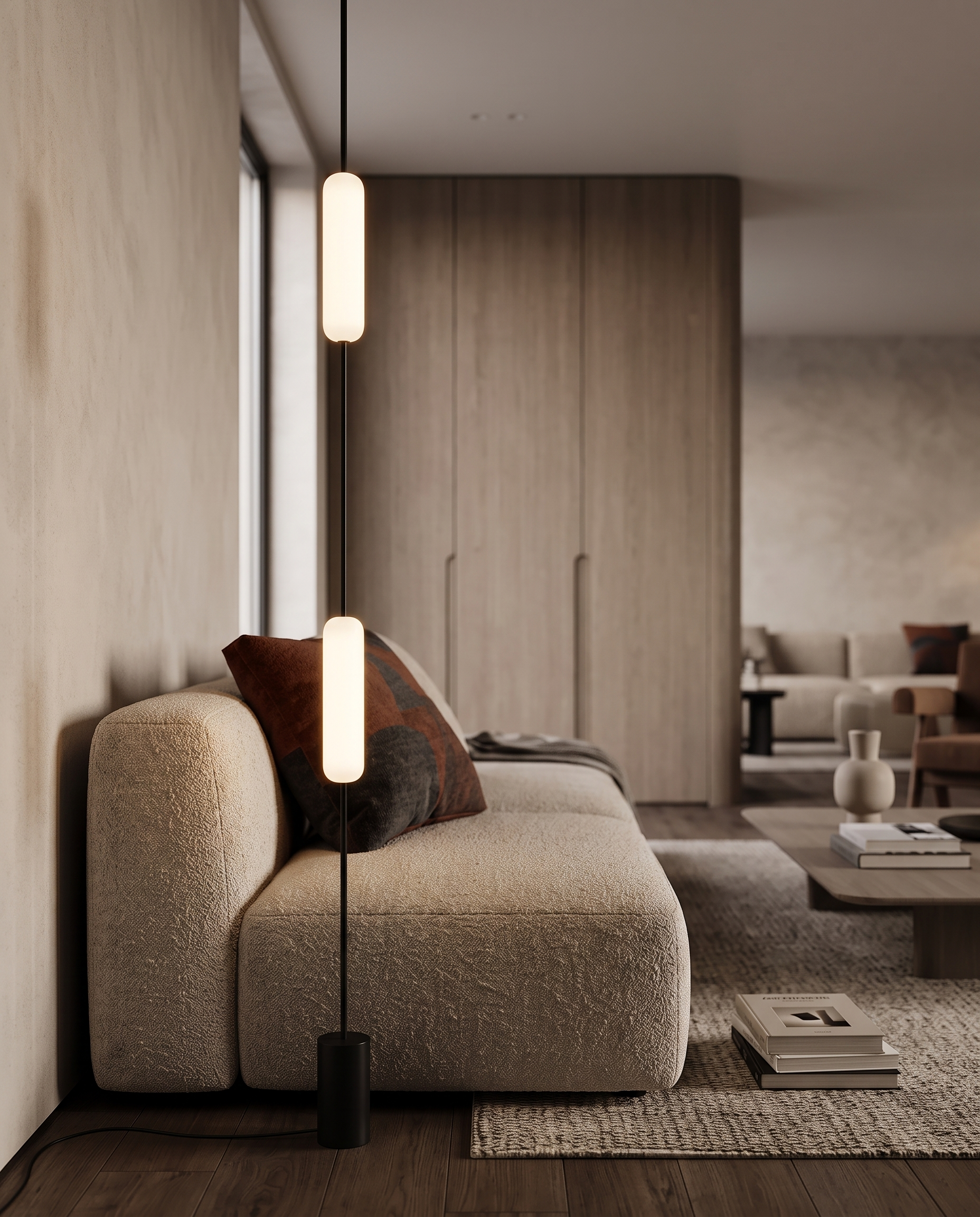 Linear LED Floor-to-Ceiling Lamp, Dimmable — hero standing beside sofa, modern luxury living room, glowing softly