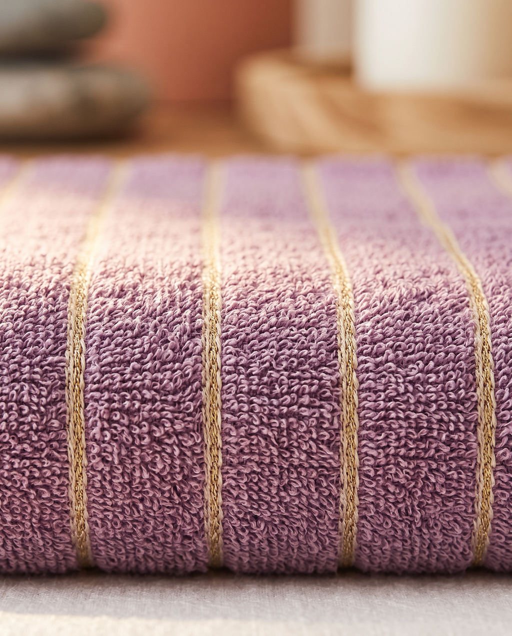 Lavender Striped Combed Cotton Towel Set — macro of the soft cotton terry weave and crisp stripe, warm side light