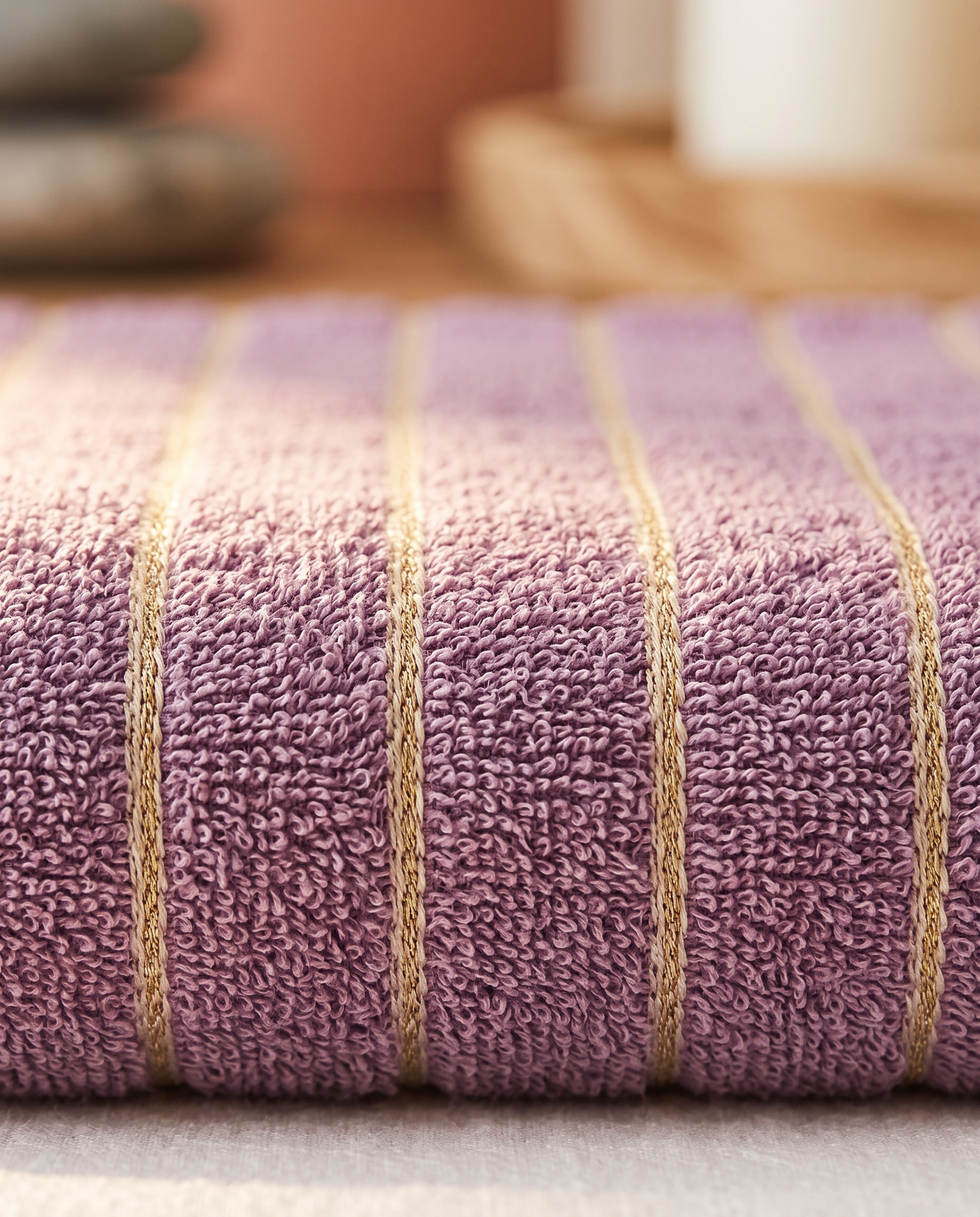 Lavender Striped Combed Cotton Towel Set — macro of the soft cotton terry weave and crisp stripe, warm side light