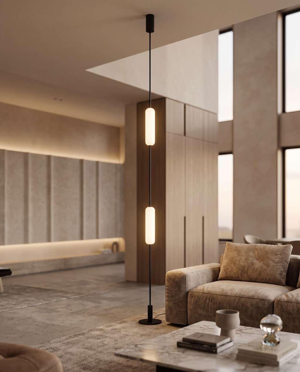 Linear LED Floor-to-Ceiling Lamp, Dimmable — alt angle full vertical span, modern luxury living room, warm evening light